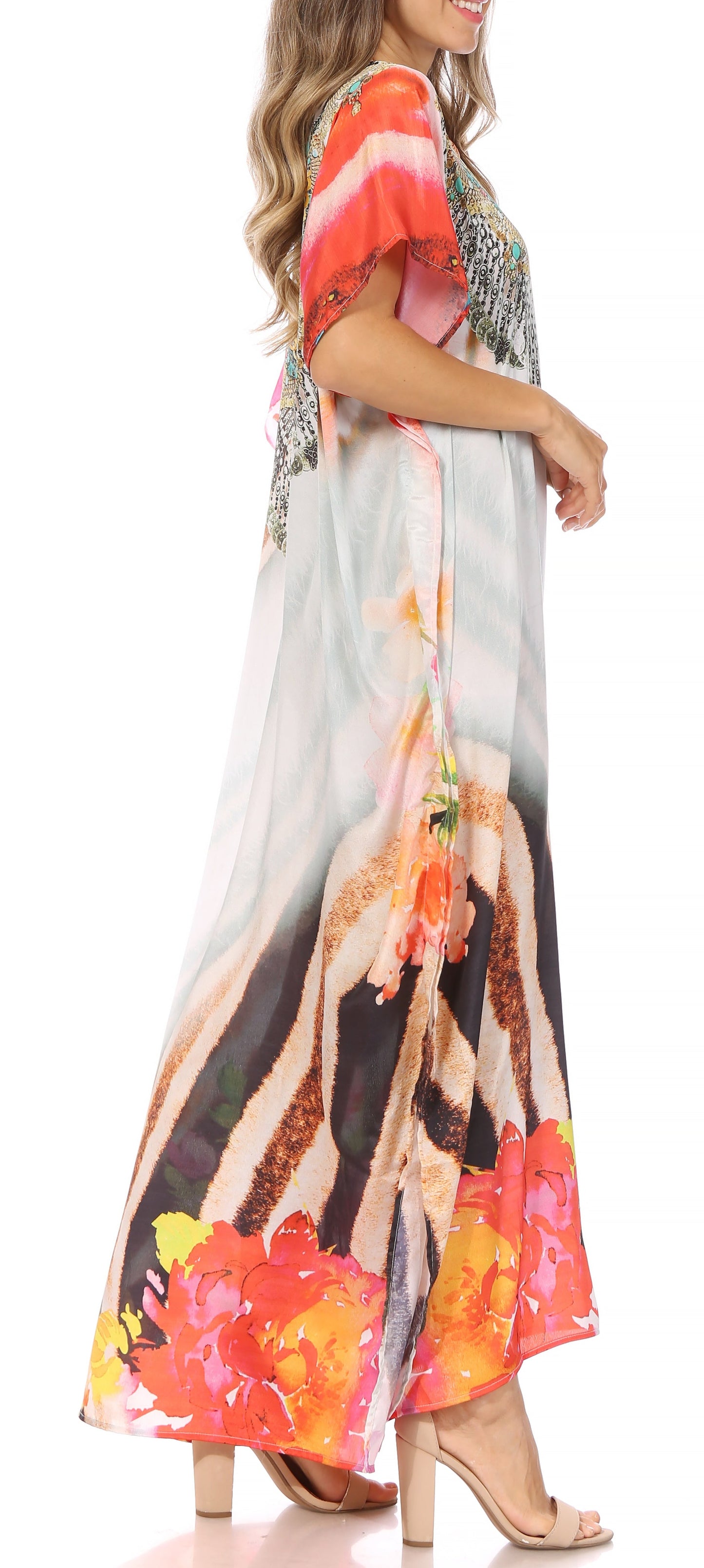 Sakkas Vicky Women's Casual Long Print Short Sleeve Petite Beach Maxi Caftan Dress - Concordia Style Boutique