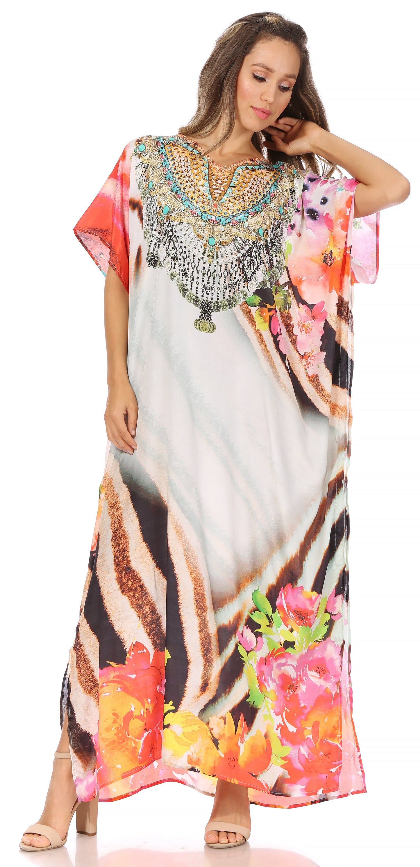 Sakkas Vicky Women's Casual Long Print Short Sleeve Petite Beach Maxi Caftan Dress - Concordia Style Boutique