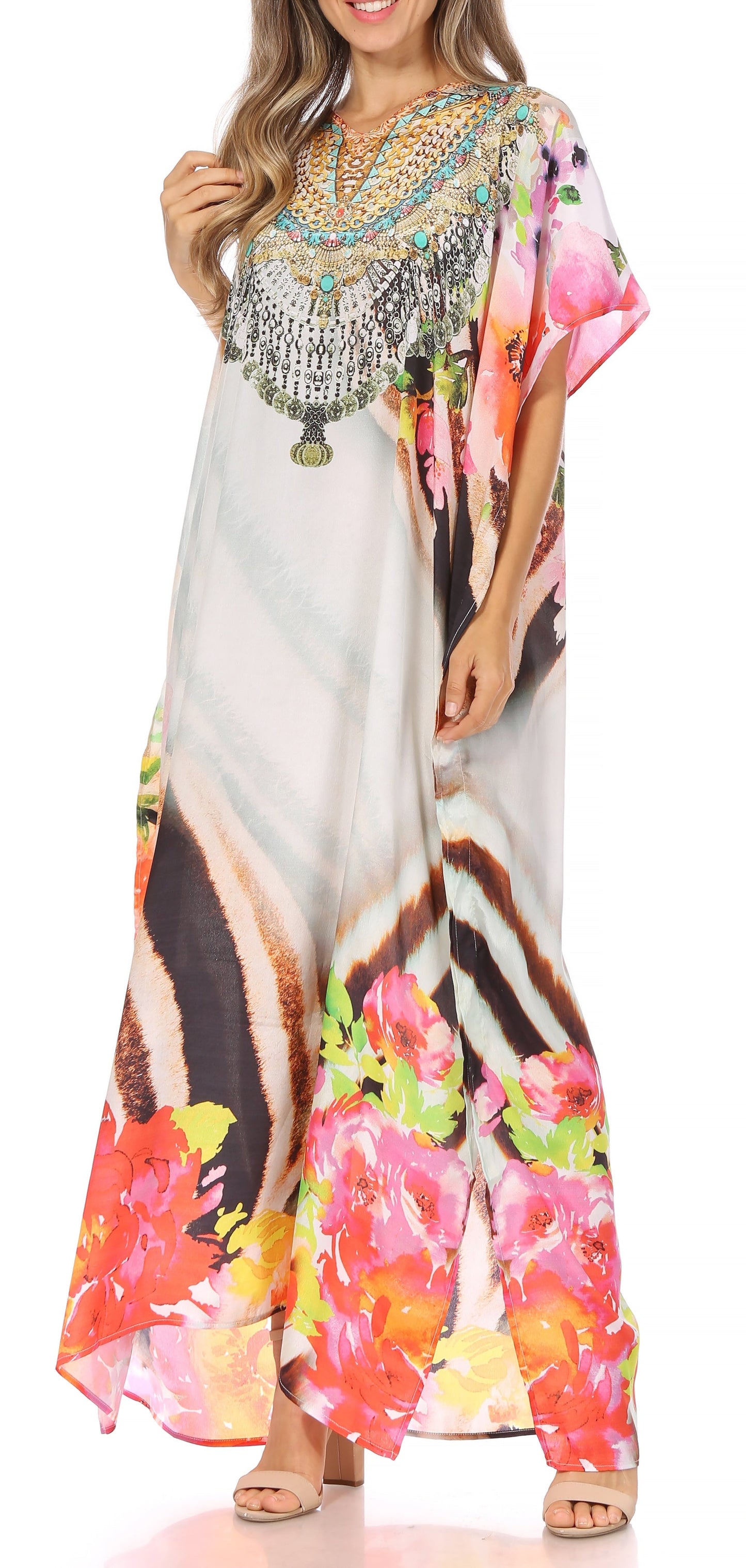 Sakkas Vicky Women's Casual Long Print Short Sleeve Petite Beach Maxi Caftan Dress - Concordia Style Boutique
