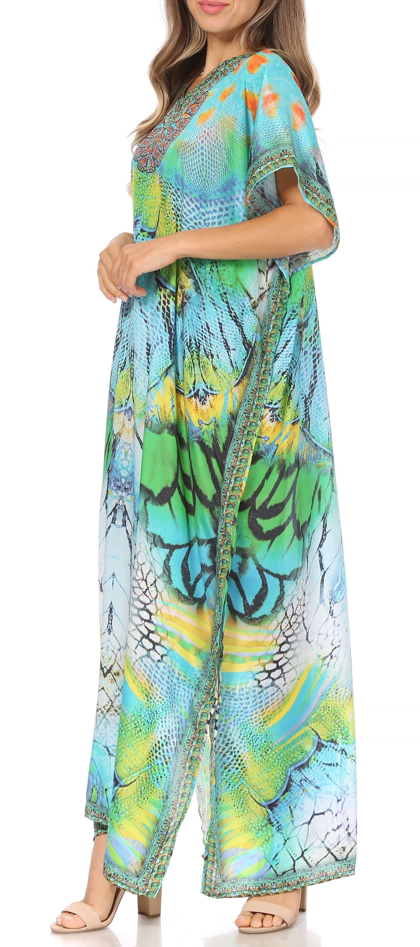 Sakkas Vicky Women's Casual Long Print Short Sleeve Petite Beach Maxi Caftan Dress - Concordia Style Boutique