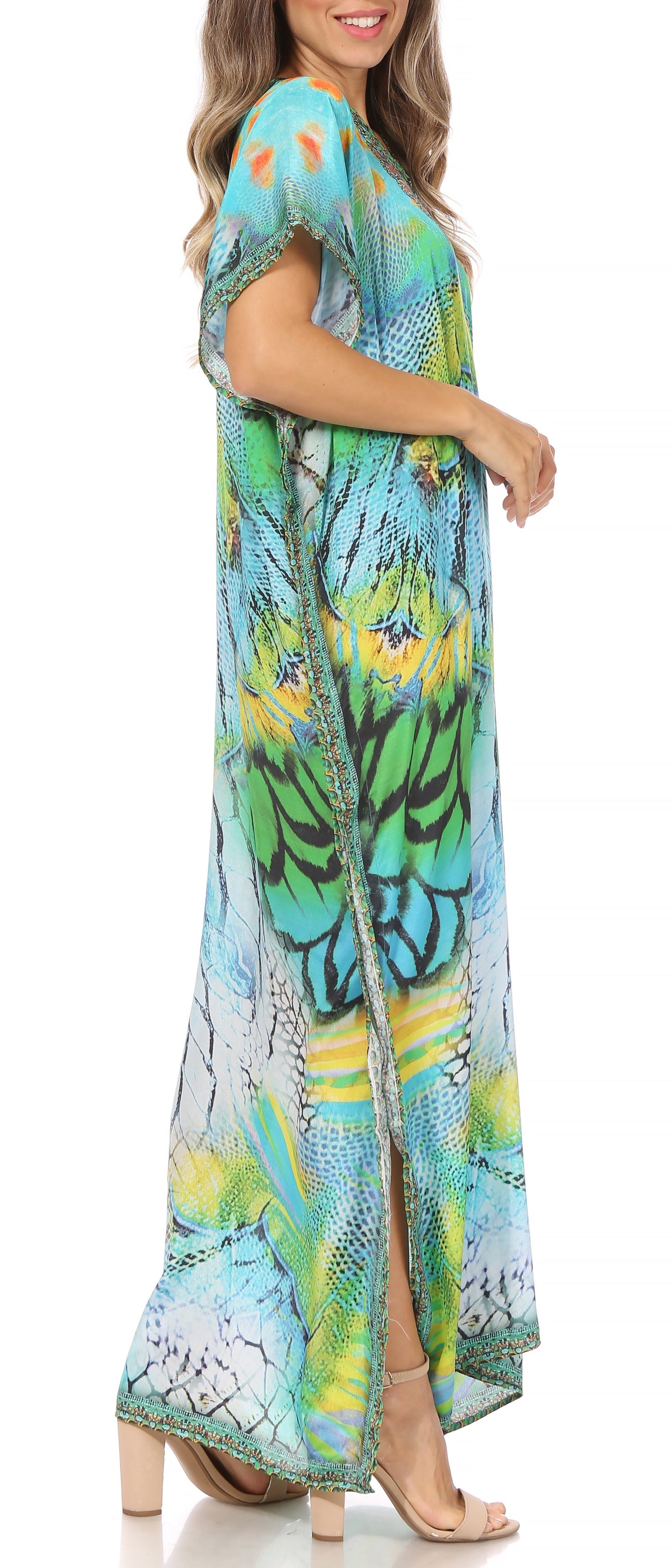 Sakkas Vicky Women's Casual Long Print Short Sleeve Petite Beach Maxi Caftan Dress - Concordia Style Boutique