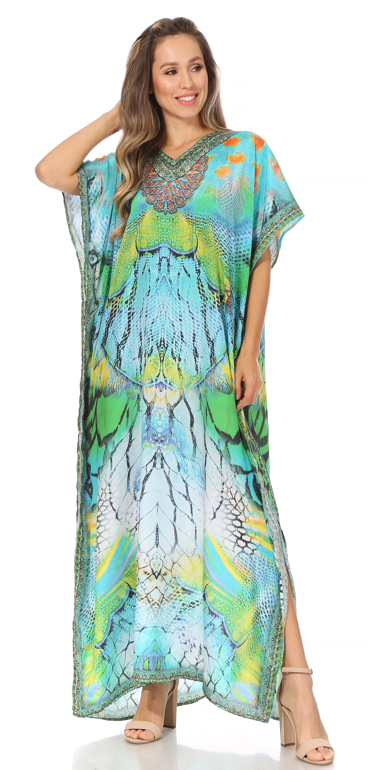 Sakkas Vicky Women's Casual Long Print Short Sleeve Petite Beach Maxi Caftan Dress - Concordia Style Boutique