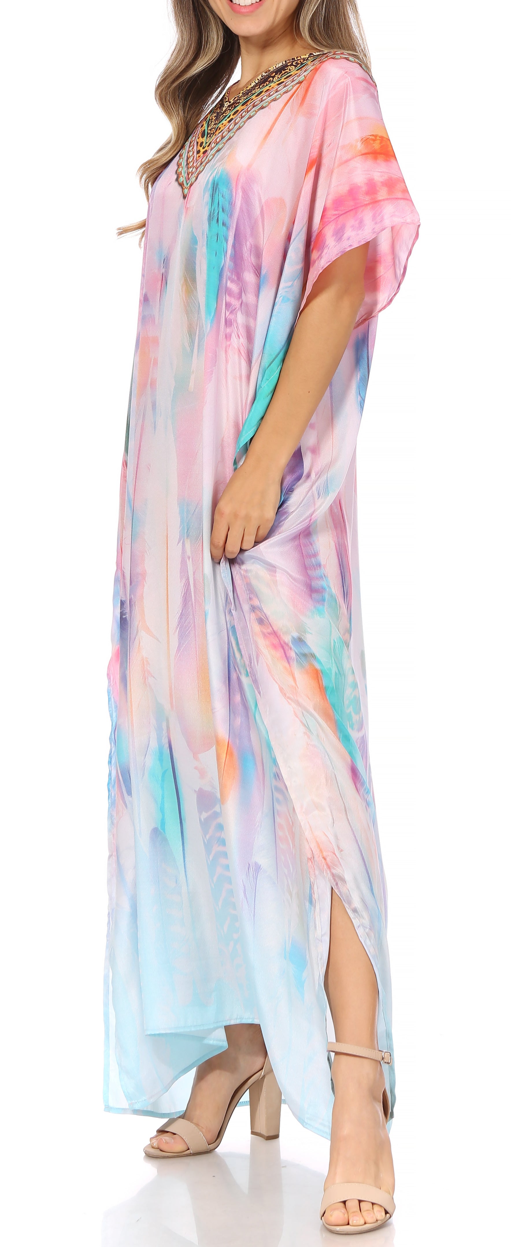 Sakkas Vicky Women's Casual Long Print Short Sleeve Petite Beach Maxi Caftan Dress - Concordia Style Boutique