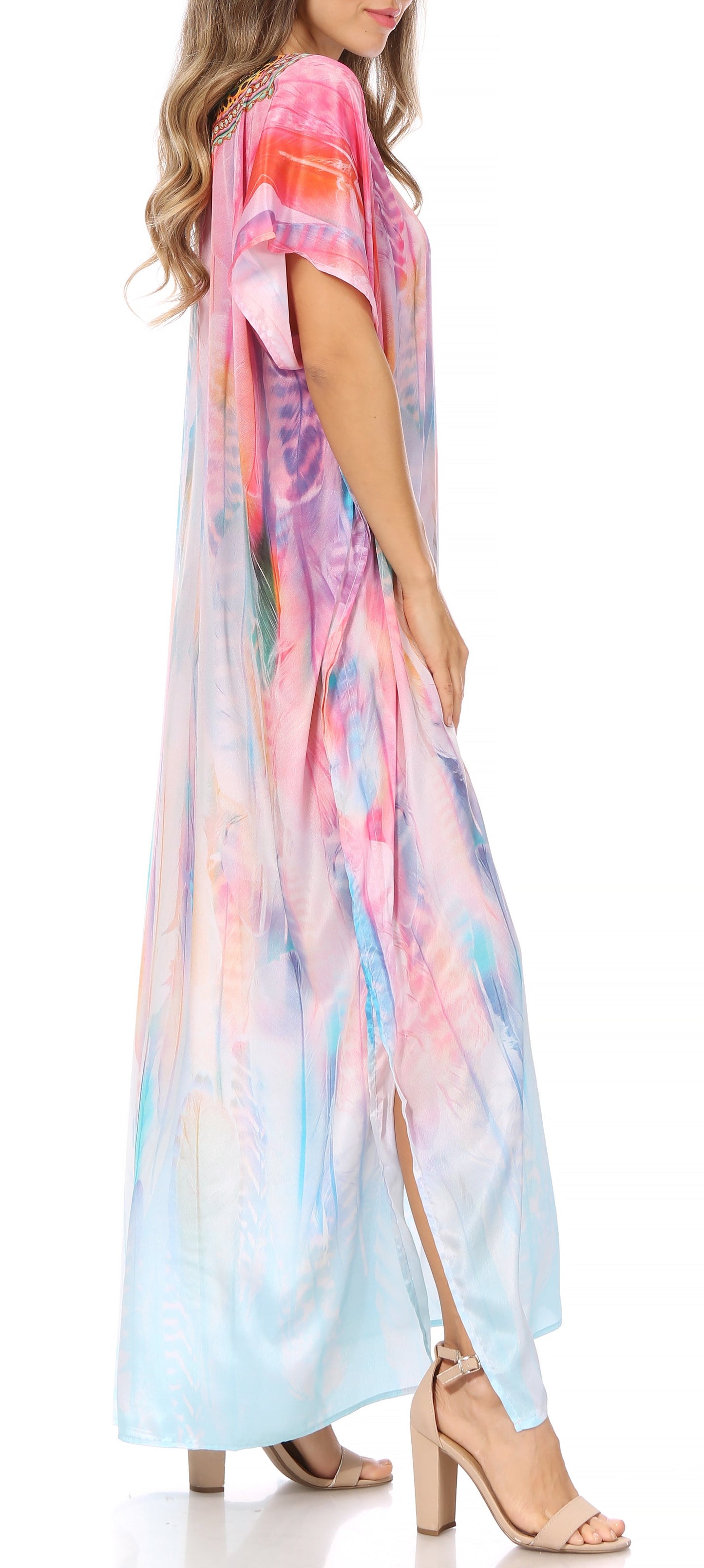 Sakkas Vicky Women's Casual Long Print Short Sleeve Petite Beach Maxi Caftan Dress - Concordia Style Boutique