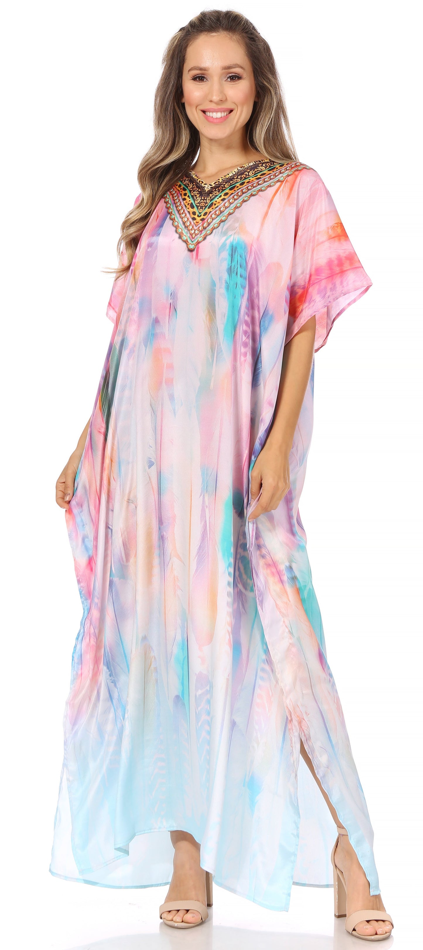 Sakkas Vicky Women's Casual Long Print Short Sleeve Petite Beach Maxi Caftan Dress - Concordia Style Boutique