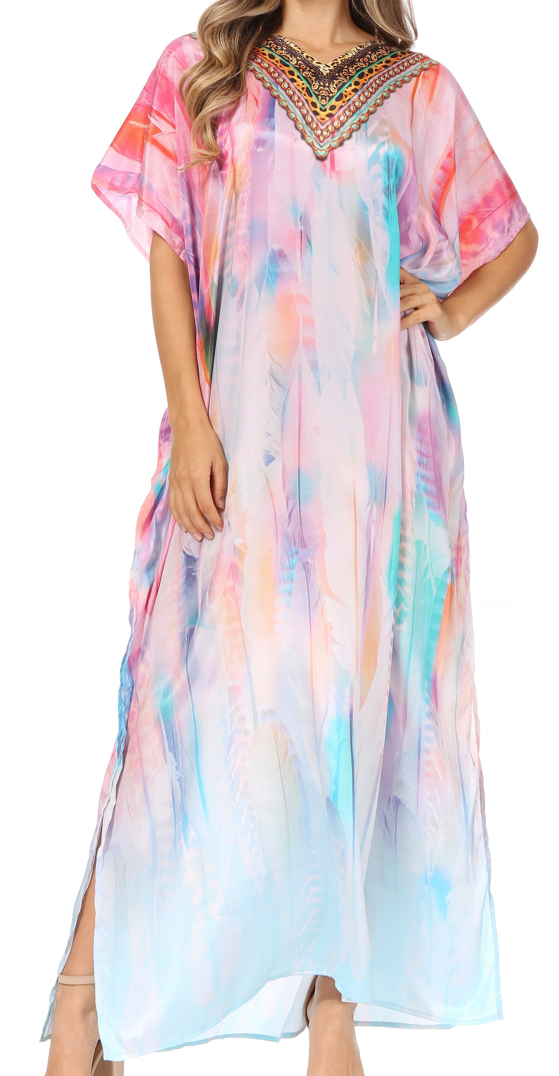 Sakkas Vicky Women's Casual Long Print Short Sleeve Petite Beach Maxi Caftan Dress - Concordia Style Boutique