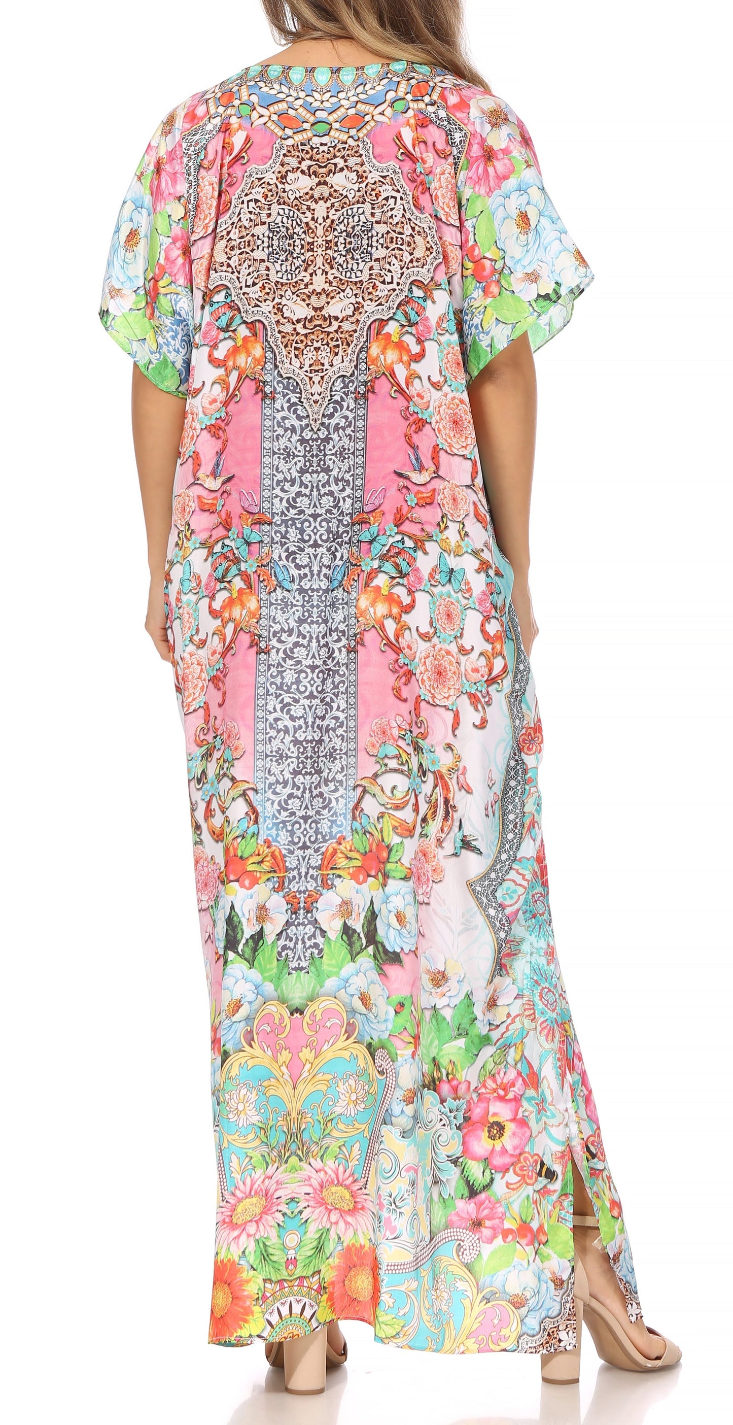 Sakkas Vicky Women's Casual Long Print Short Sleeve Petite Beach Maxi Caftan Dress - Concordia Style Boutique