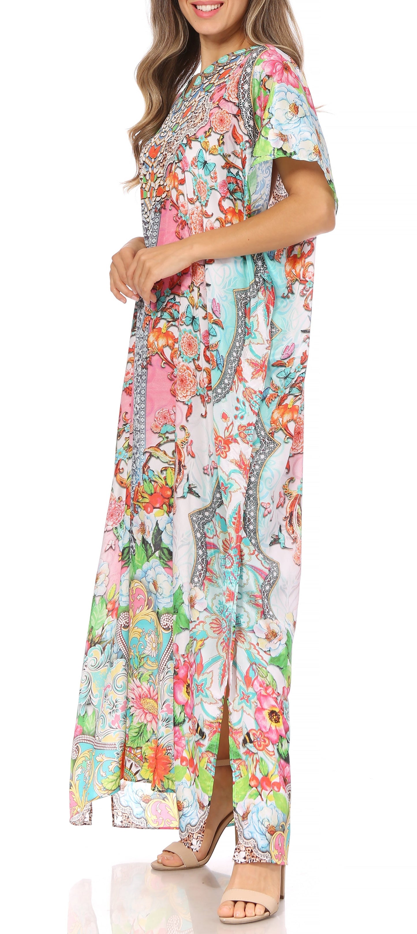 Sakkas Vicky Women's Casual Long Print Short Sleeve Petite Beach Maxi Caftan Dress - Concordia Style Boutique