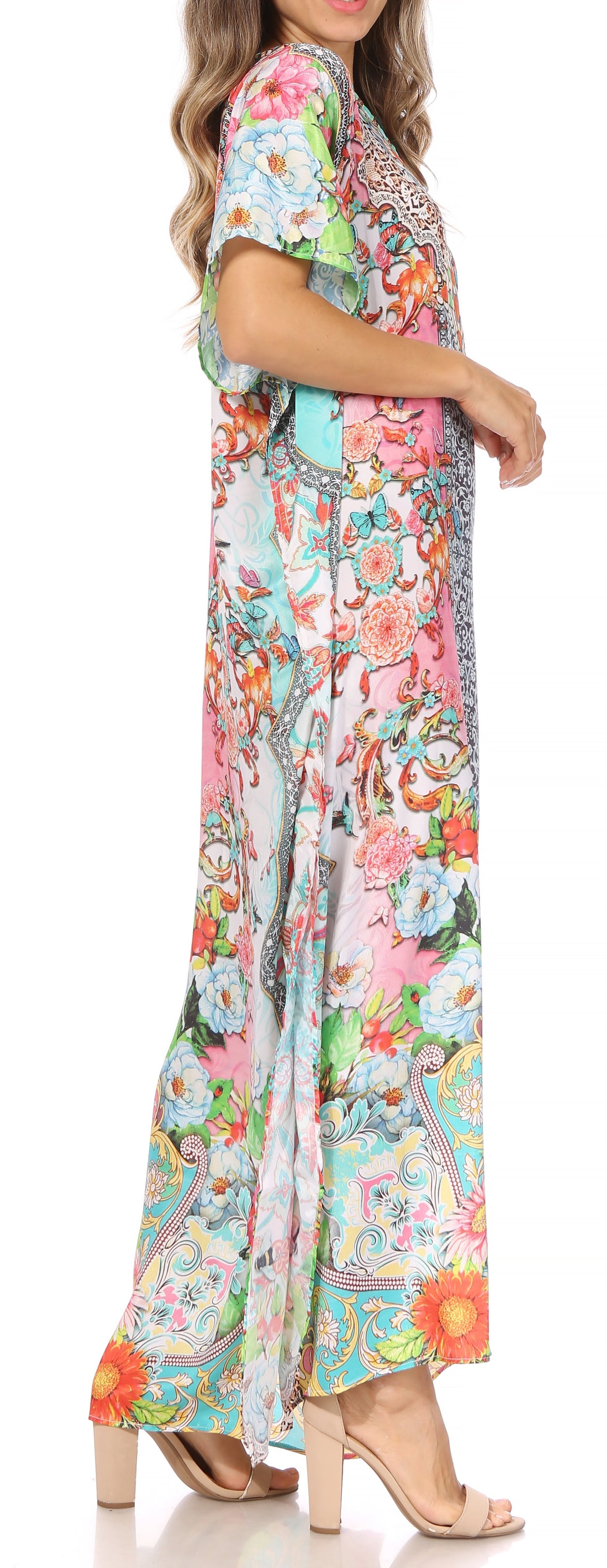 Sakkas Vicky Women's Casual Long Print Short Sleeve Petite Beach Maxi Caftan Dress - Concordia Style Boutique