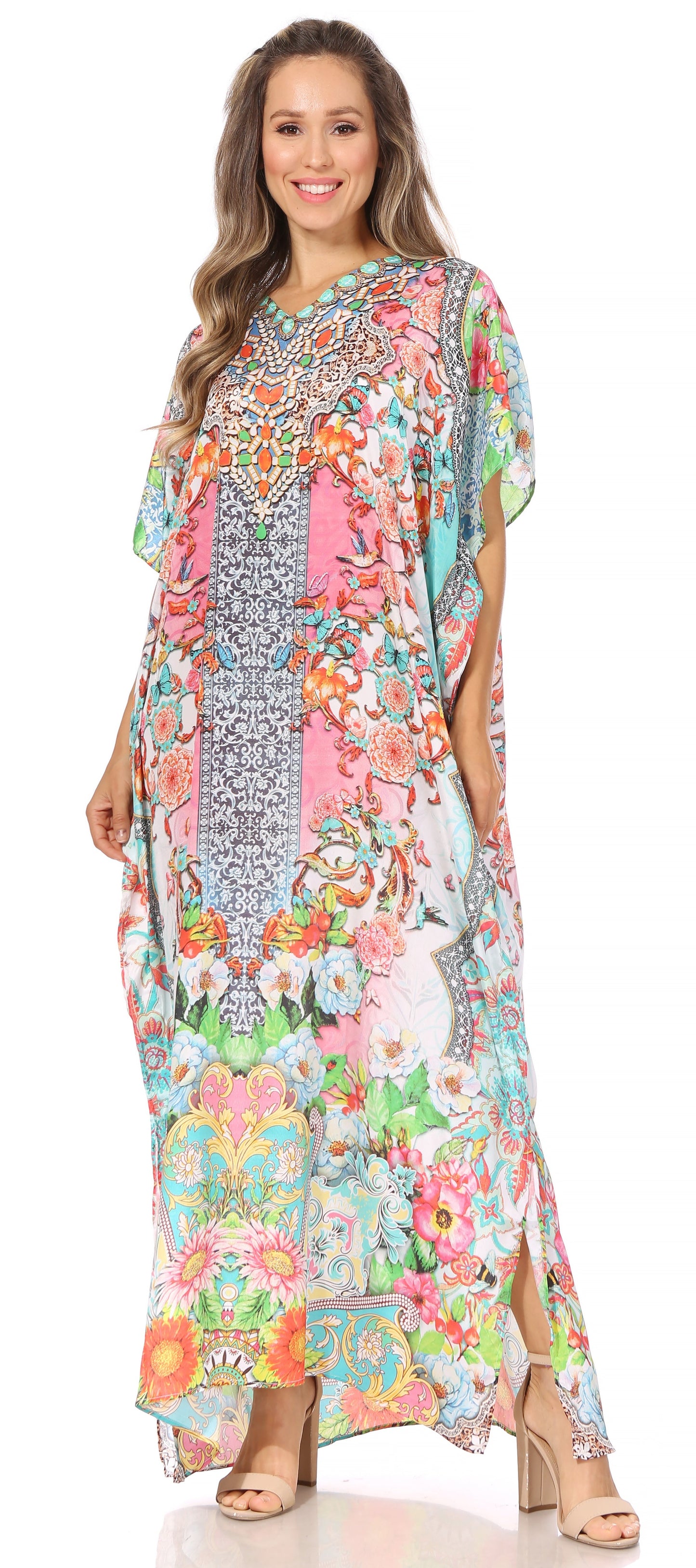 Sakkas Vicky Women's Casual Long Print Short Sleeve Petite Beach Maxi Caftan Dress - Concordia Style Boutique
