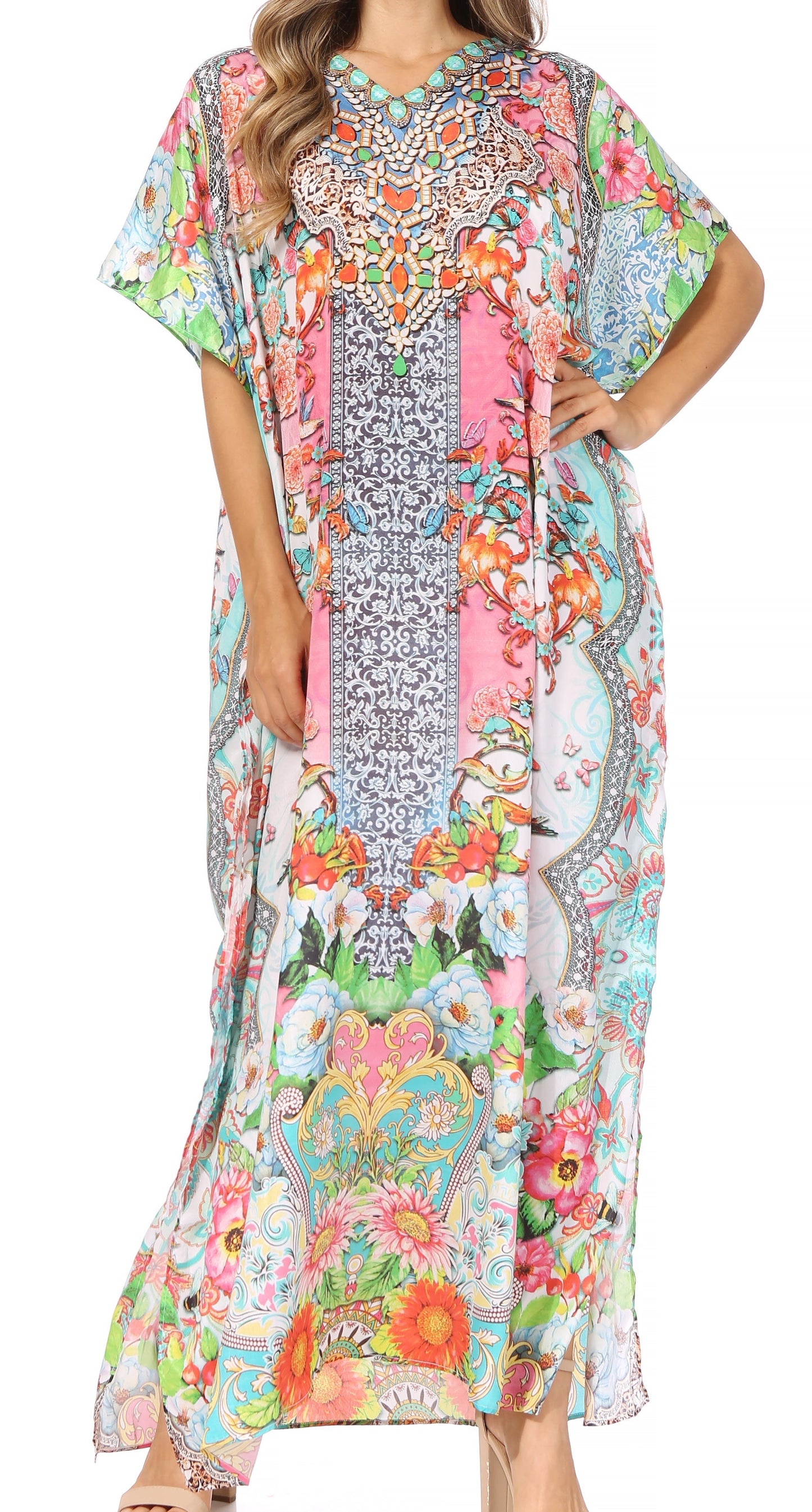 Sakkas Vicky Women's Casual Long Print Short Sleeve Petite Beach Maxi Caftan Dress - Concordia Style Boutique