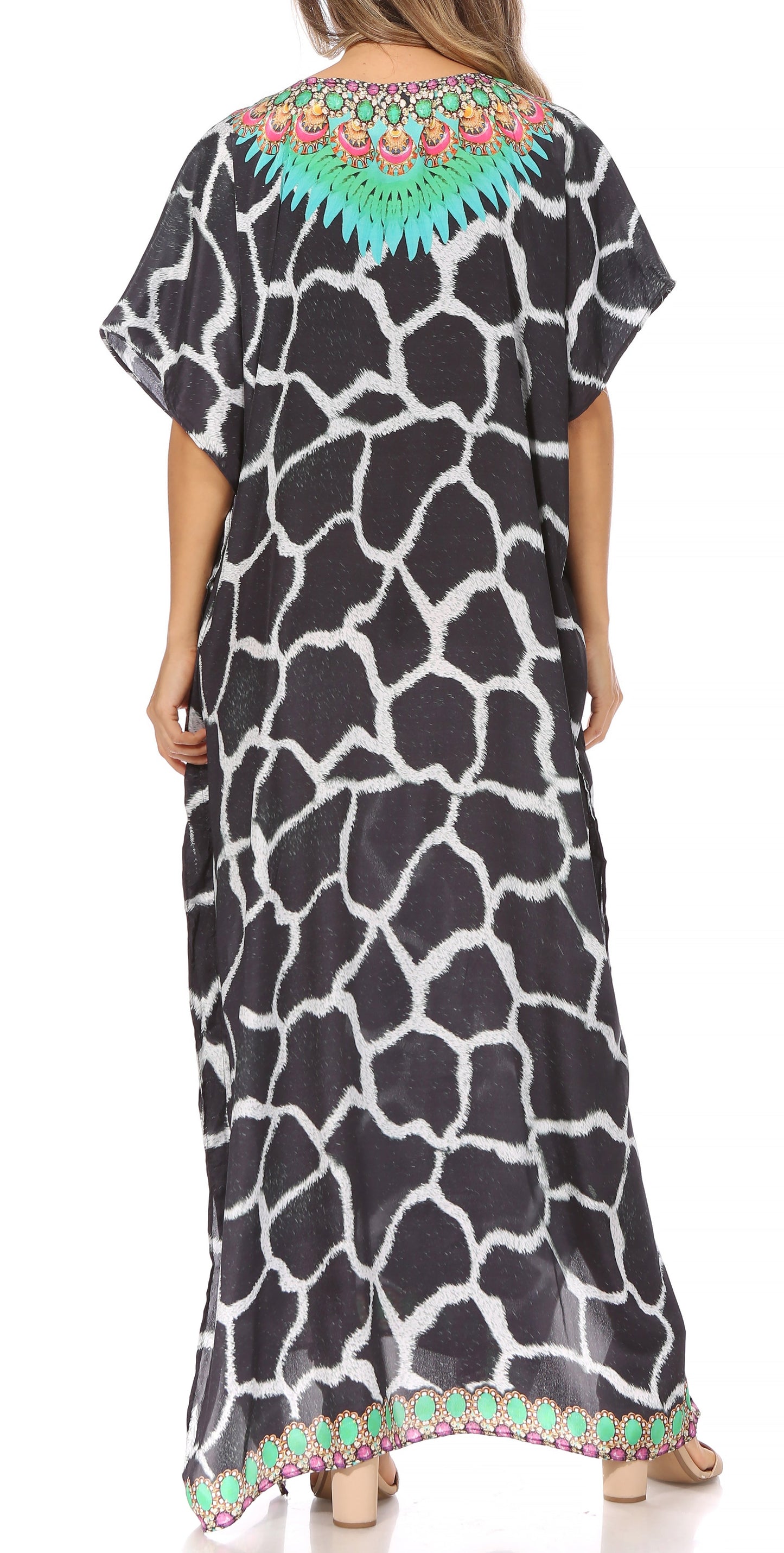 Sakkas Vicky Women's Casual Long Print Short Sleeve Petite Beach Maxi Caftan Dress - Concordia Style Boutique