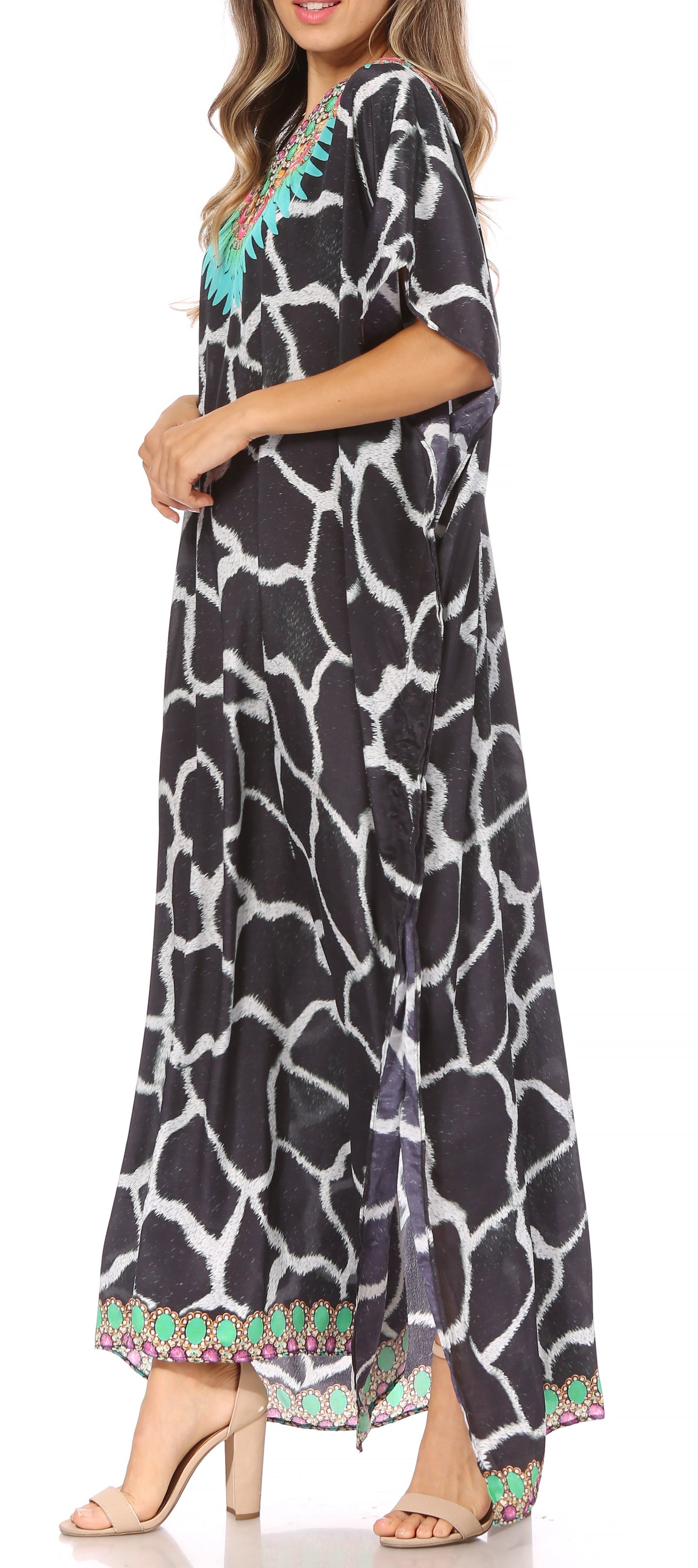 Sakkas Vicky Women's Casual Long Print Short Sleeve Petite Beach Maxi Caftan Dress - Concordia Style Boutique