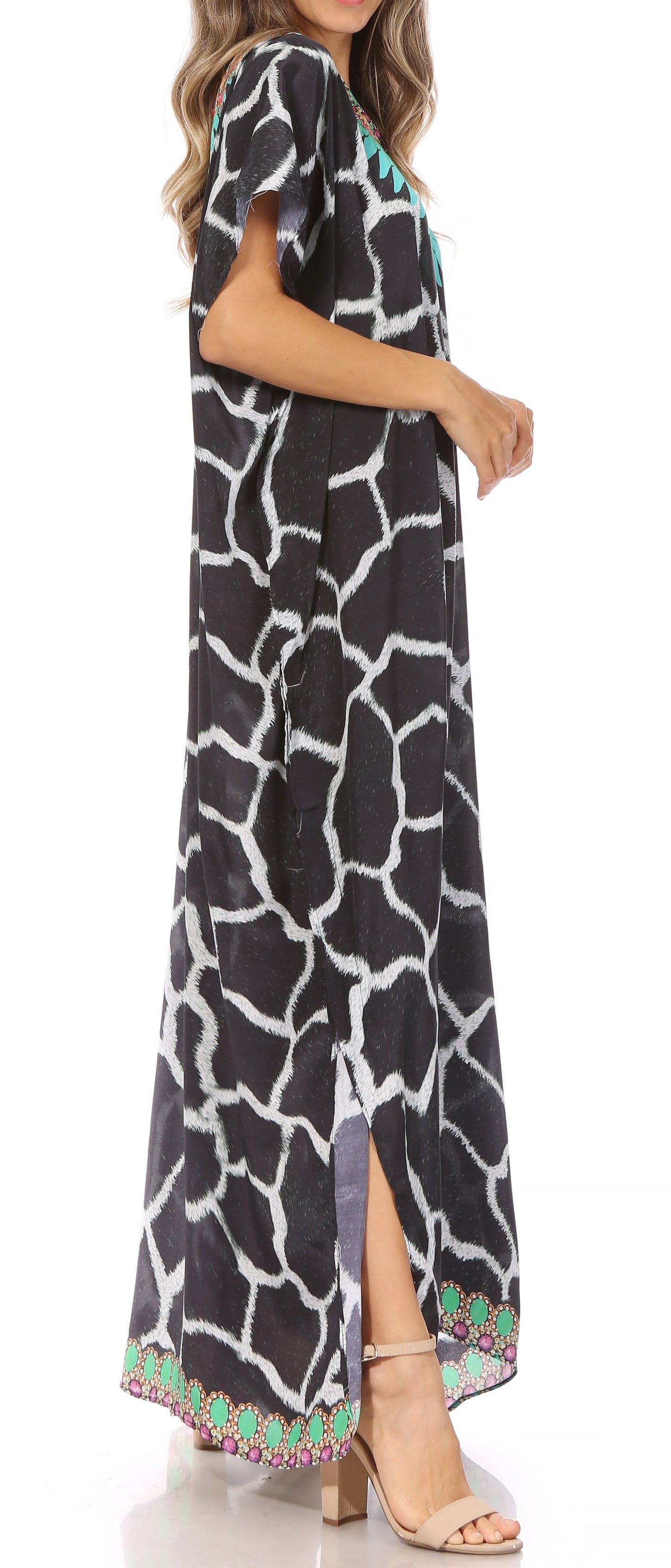 Sakkas Vicky Women's Casual Long Print Short Sleeve Petite Beach Maxi Caftan Dress - Concordia Style Boutique