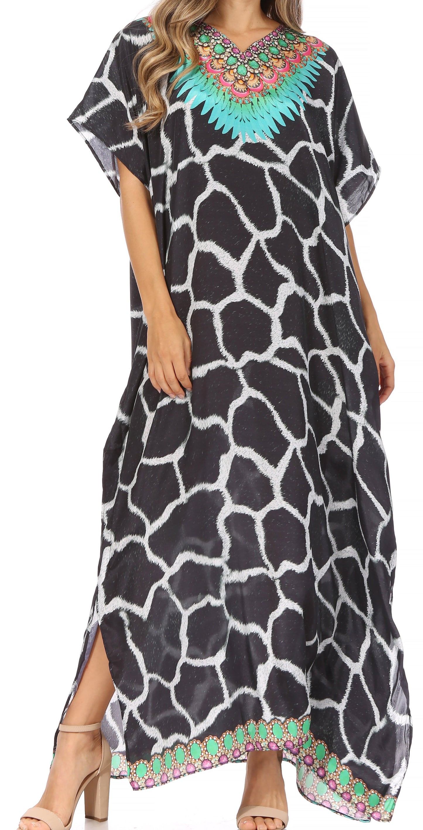 Sakkas Vicky Women's Casual Long Print Short Sleeve Petite Beach Maxi Caftan Dress - Concordia Style Boutique