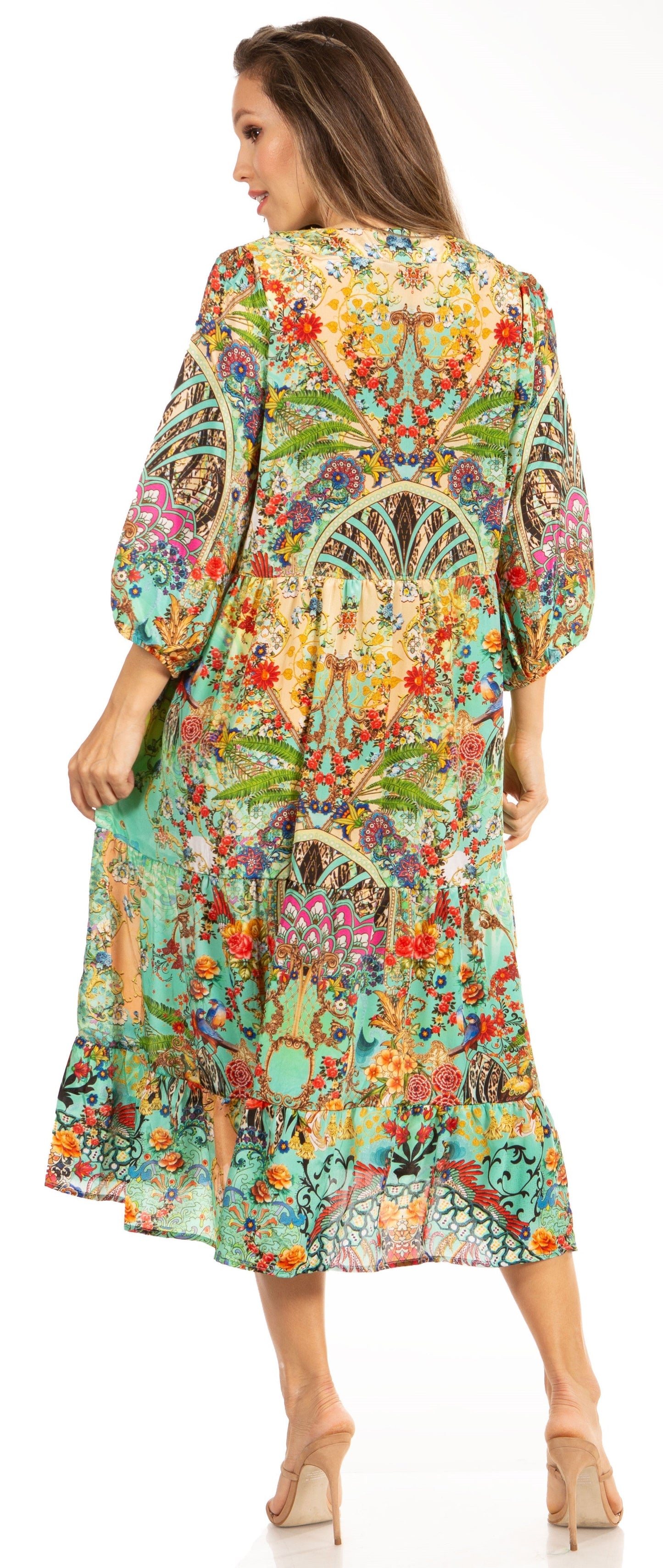 Sakkas Sole Women's Boho Floral Print V-Neck Midi Dress with Long Sleeves - Concordia Style Boutique