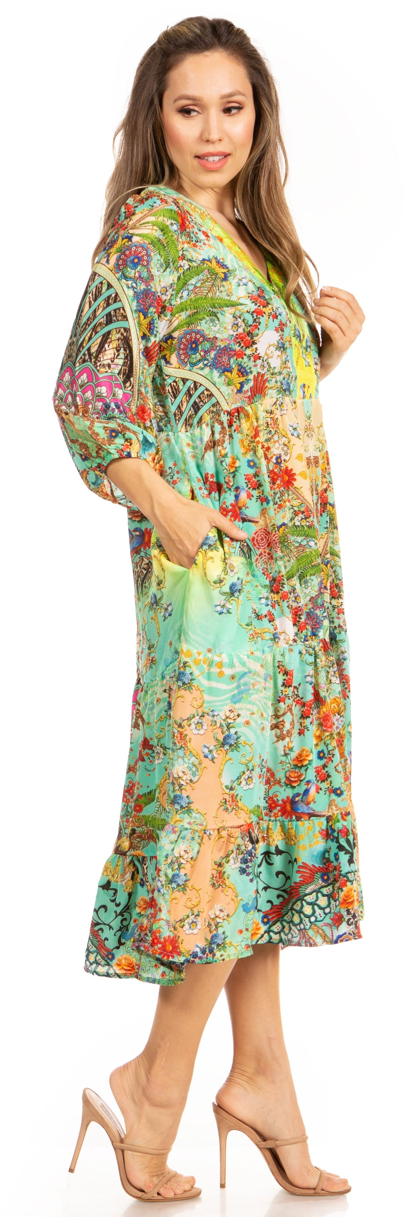 Sakkas Sole Women's Boho Floral Print V-Neck Midi Dress with Long Sleeves - Concordia Style Boutique