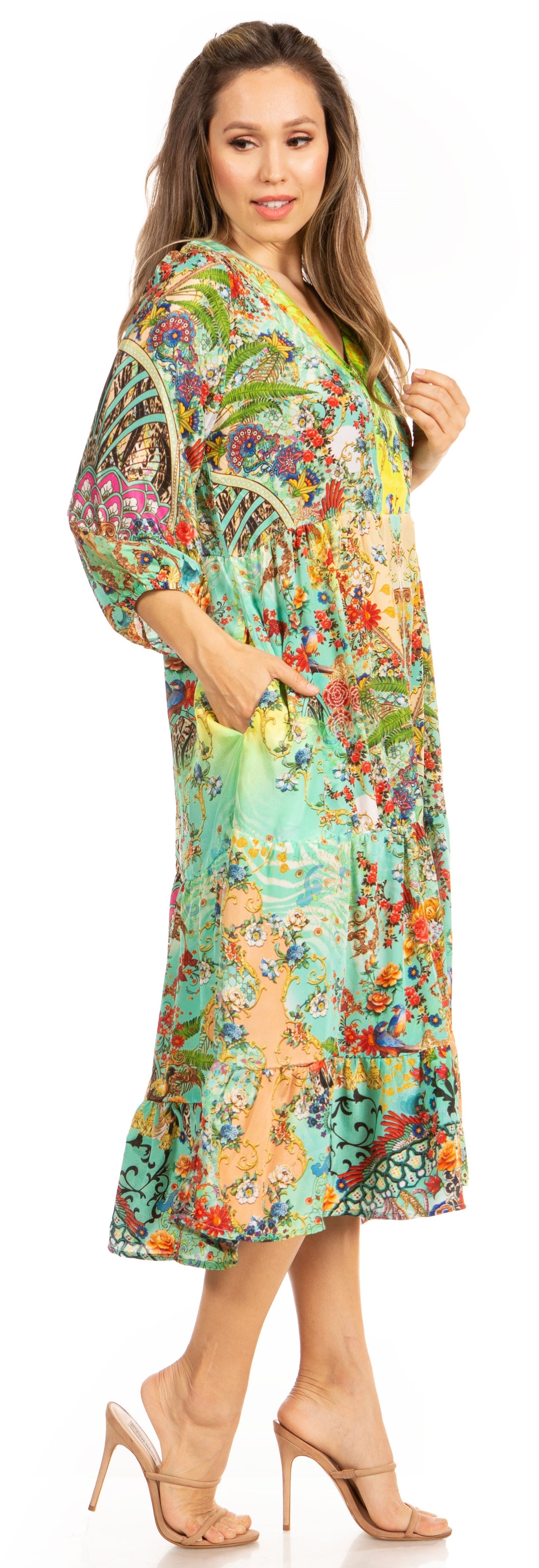 Sakkas Sole Women's Boho Floral Print V-Neck Midi Dress with Long Sleeves - Concordia Style Boutique