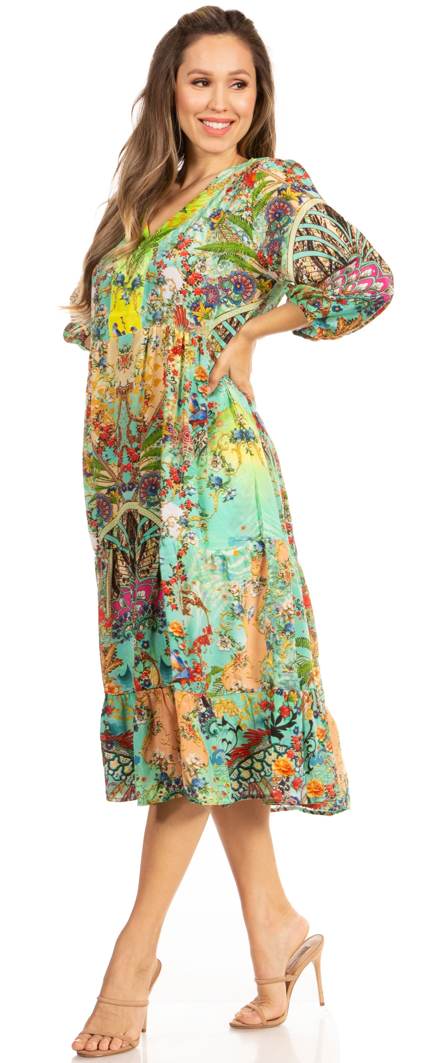 Sakkas Sole Women's Boho Floral Print V-Neck Midi Dress with Long Sleeves - Concordia Style Boutique