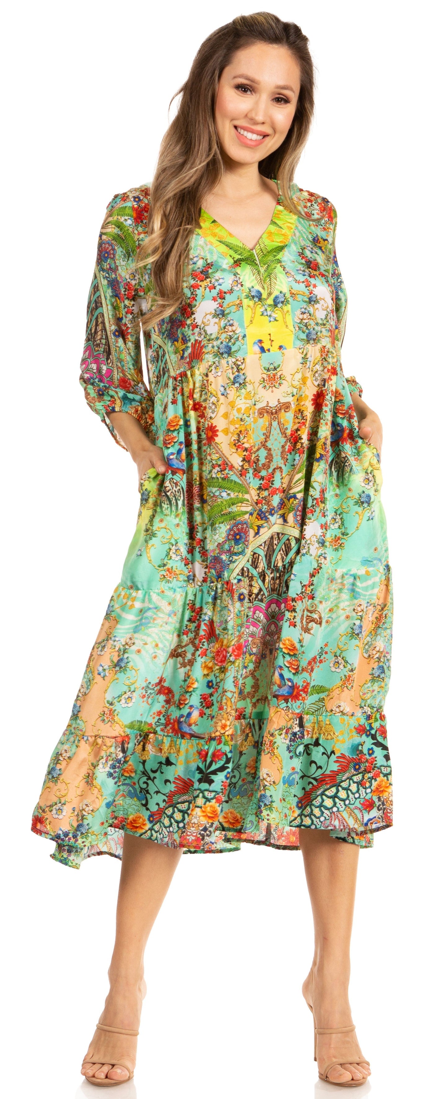 Sakkas Sole Women's Boho Floral Print V-Neck Midi Dress with Long Sleeves - Concordia Style Boutique