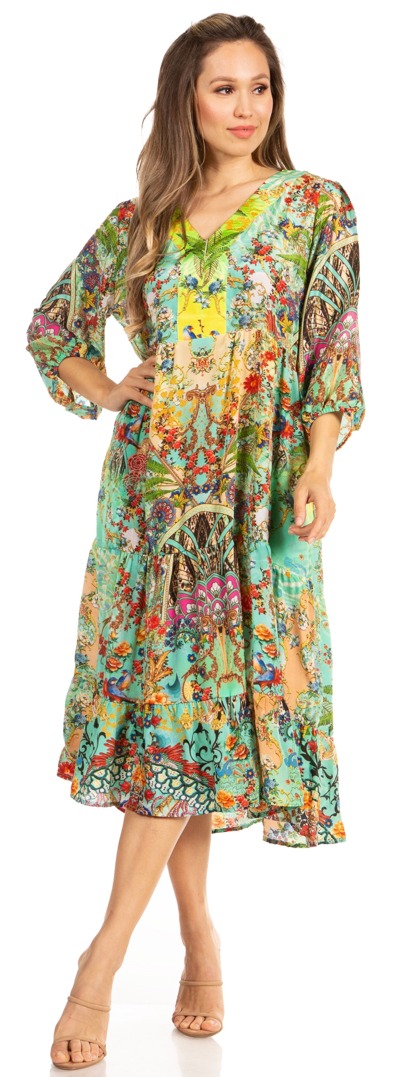 Sakkas Sole Women's Boho Floral Print V-Neck Midi Dress with Long Sleeves - Concordia Style Boutique