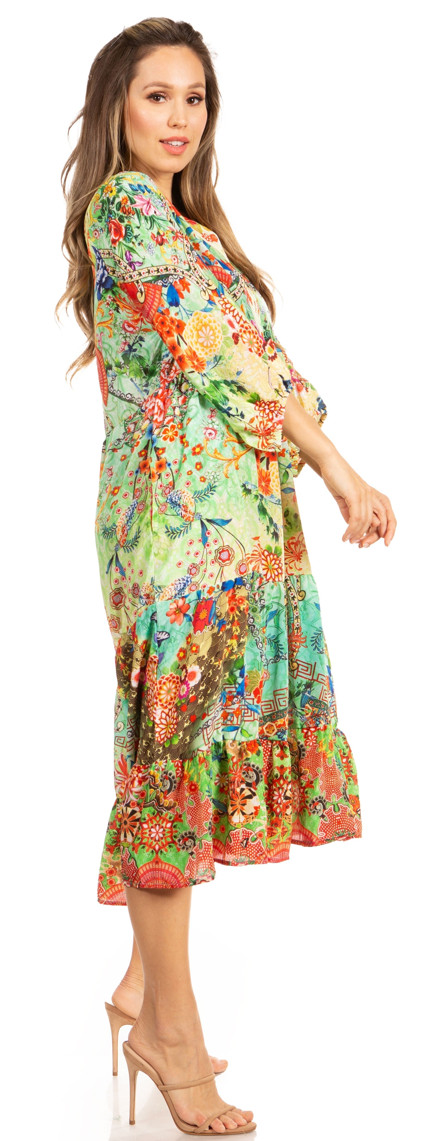 Sakkas Sole Women's Boho Floral Print V-Neck Midi Dress with Long Sleeves - Concordia Style Boutique
