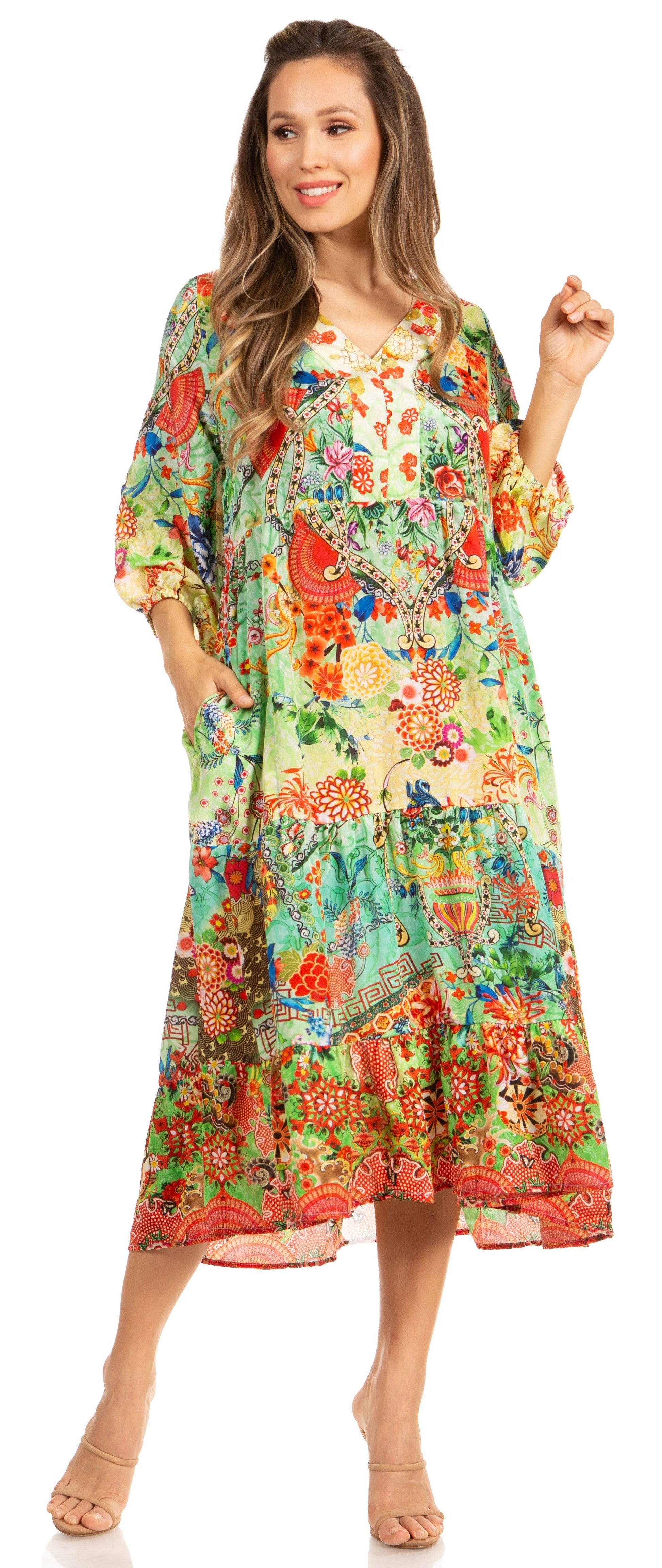 Sakkas Sole Women's Boho Floral Print V-Neck Midi Dress with Long Sleeves - Concordia Style Boutique
