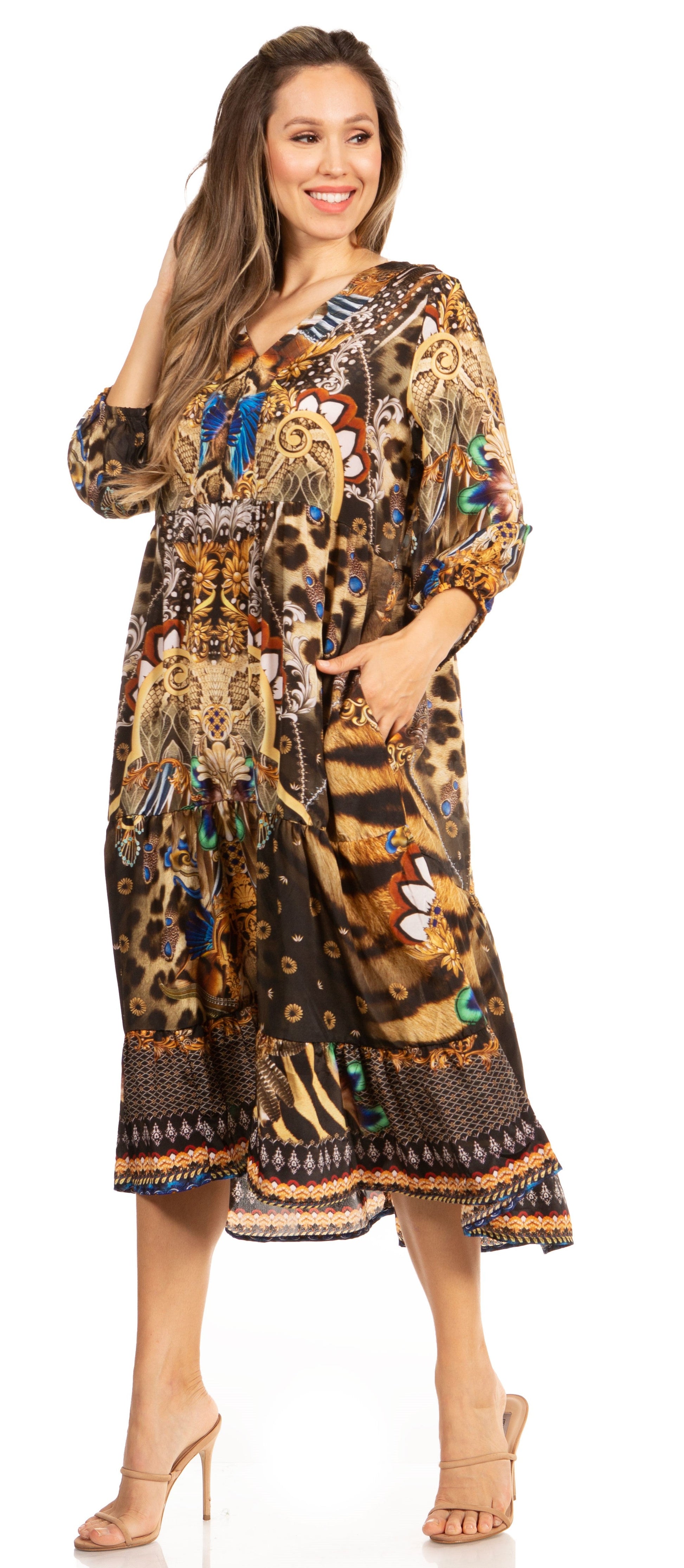 Sakkas Sole Women's Boho Floral Print V-Neck Midi Dress with Long Sleeves - Concordia Style Boutique