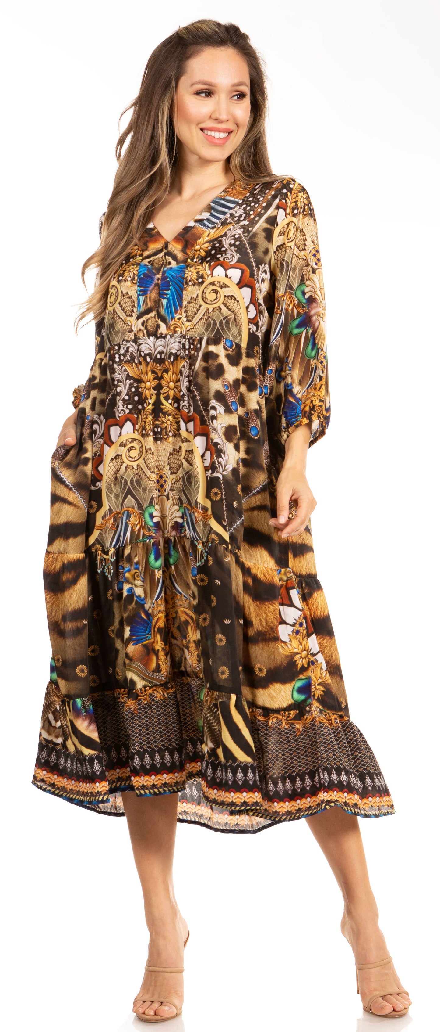 Sakkas Sole Women's Boho Floral Print V-Neck Midi Dress with Long Sleeves - Concordia Style Boutique