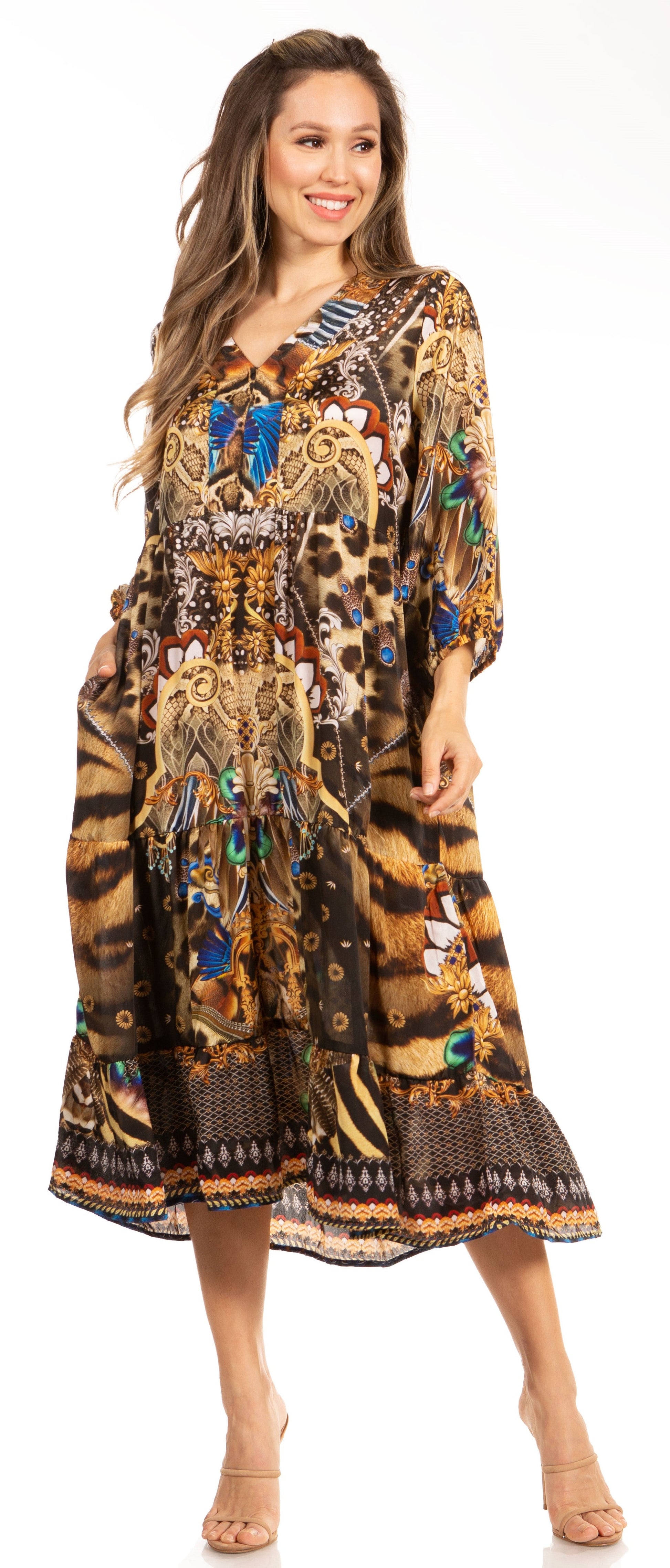 Sakkas Sole Women's Boho Floral Print V-Neck Midi Dress with Long Sleeves - Concordia Style Boutique