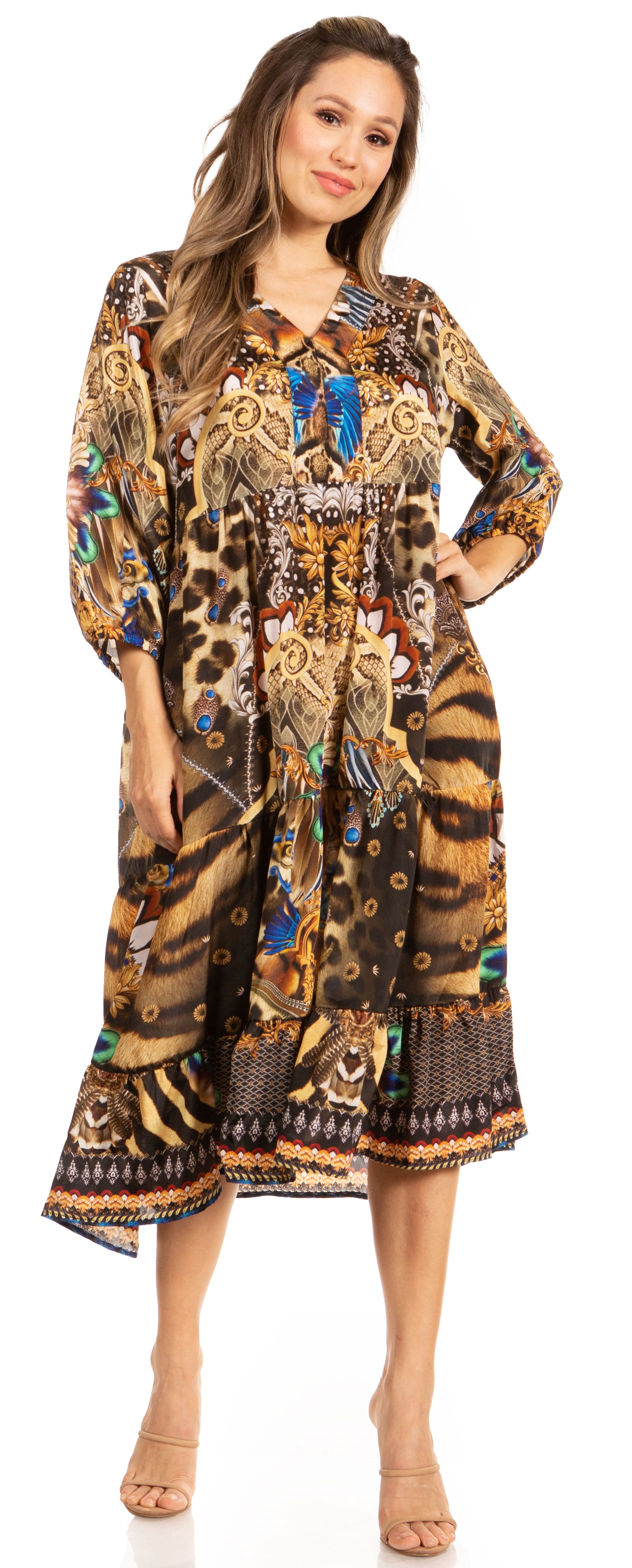 Sakkas Sole Women's Boho Floral Print V-Neck Midi Dress with Long Sleeves - Concordia Style Boutique