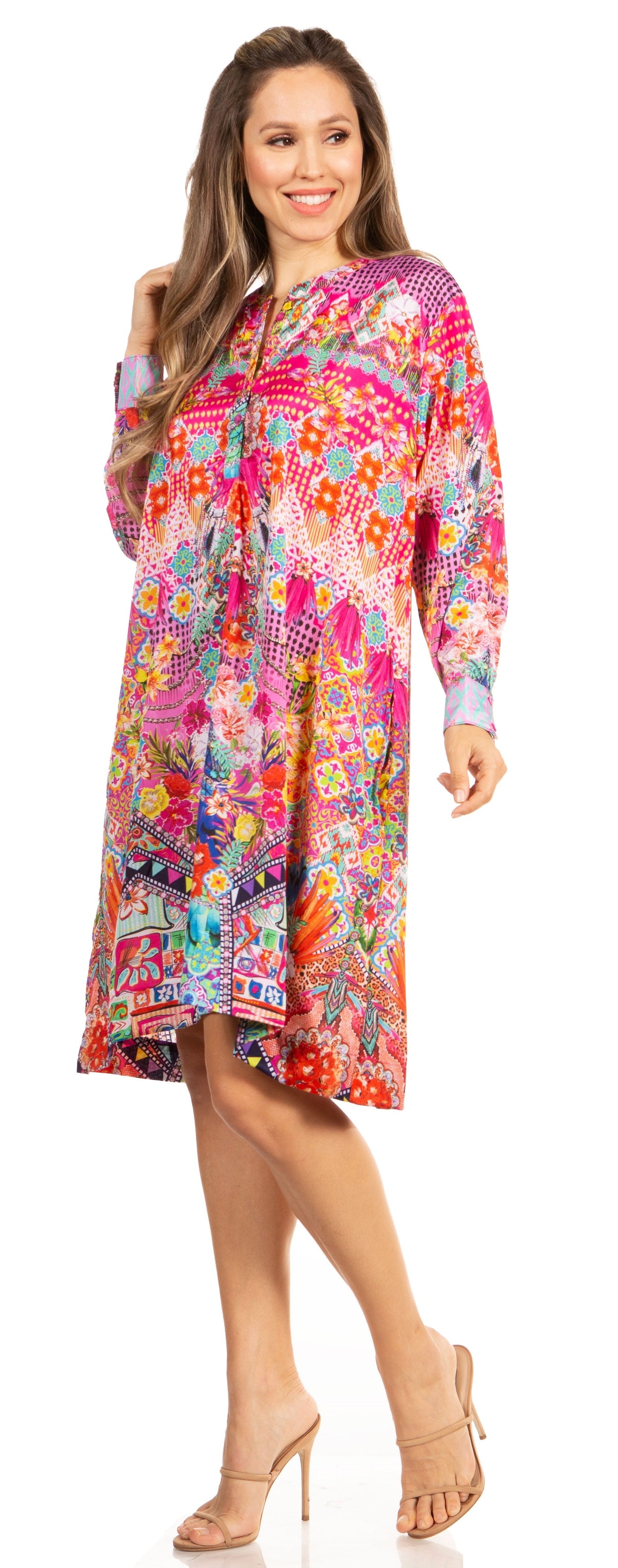 Floral Print Women's Long Sleeve Tunic Dress with Pockets - Sakkas Eloisa - Concordia Style Boutique