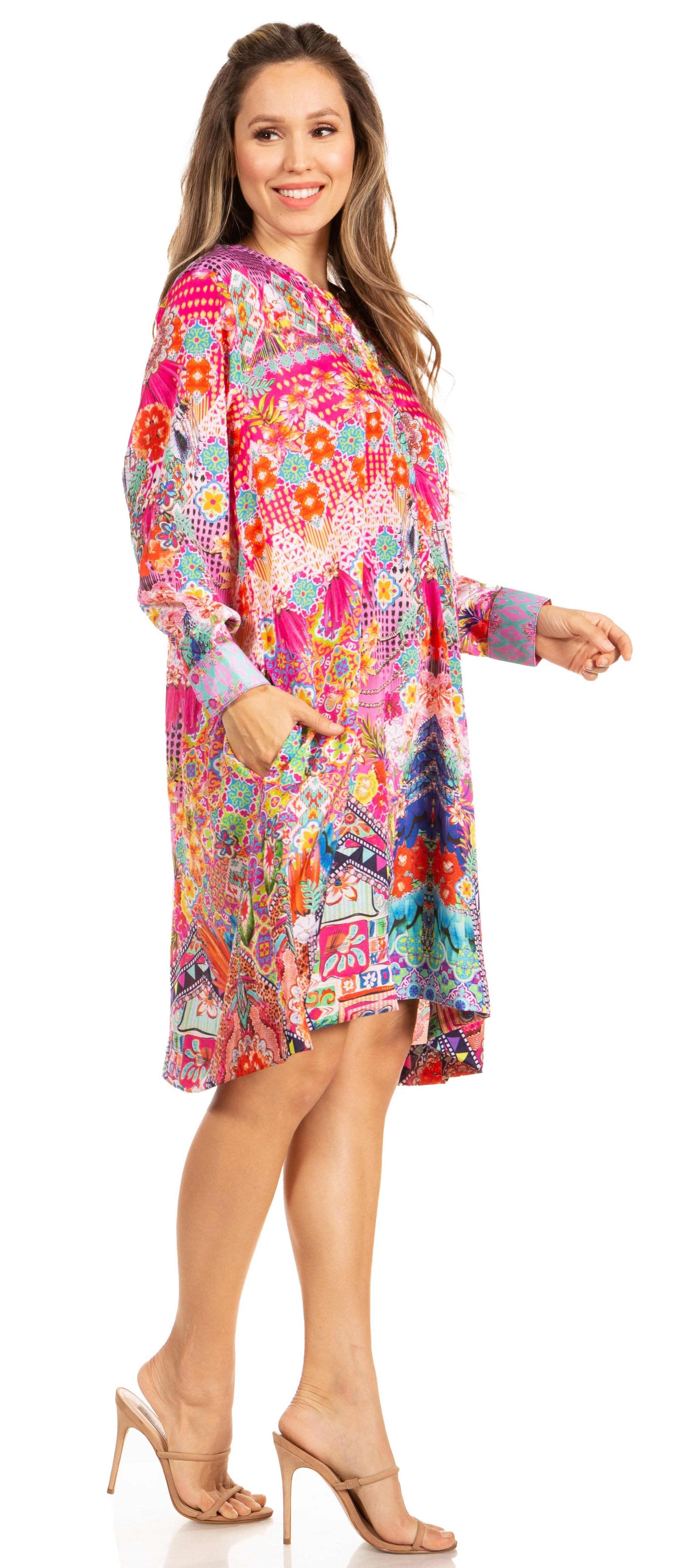 Floral Print Women's Long Sleeve Tunic Dress with Pockets - Sakkas Eloisa - Concordia Style Boutique
