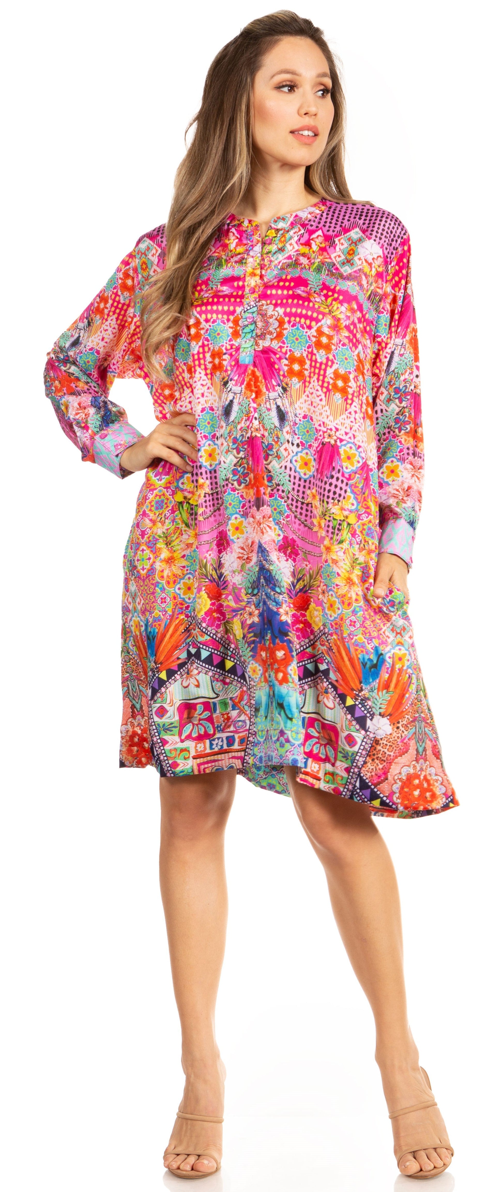 Floral Print Women's Long Sleeve Tunic Dress with Pockets - Sakkas Eloisa - Concordia Style Boutique