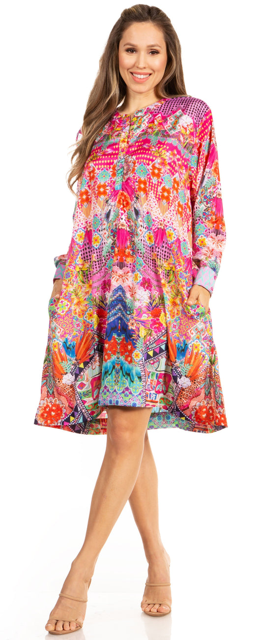 Floral Print Women's Long Sleeve Tunic Dress with Pockets - Sakkas Eloisa - Concordia Style Boutique