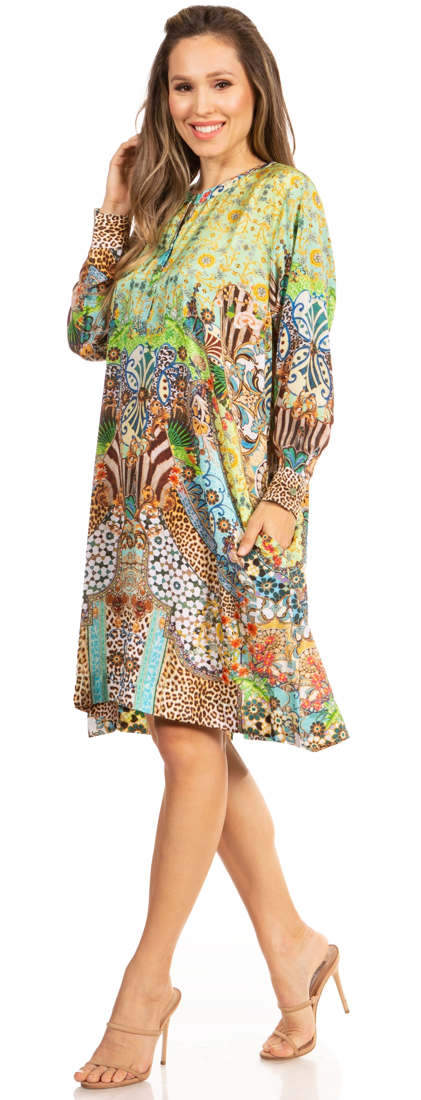 Floral Print Women's Long Sleeve Tunic Dress with Pockets - Sakkas Eloisa - Concordia Style Boutique