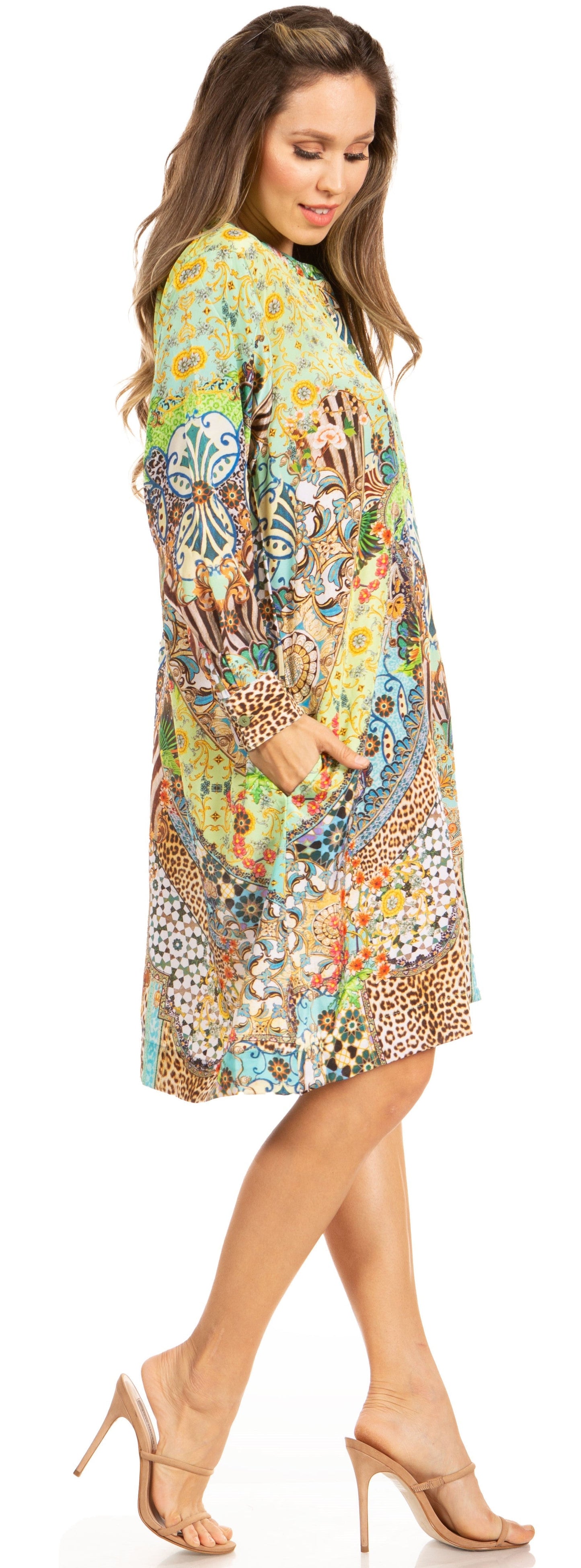 Floral Print Women's Long Sleeve Tunic Dress with Pockets - Sakkas Eloisa - Concordia Style Boutique