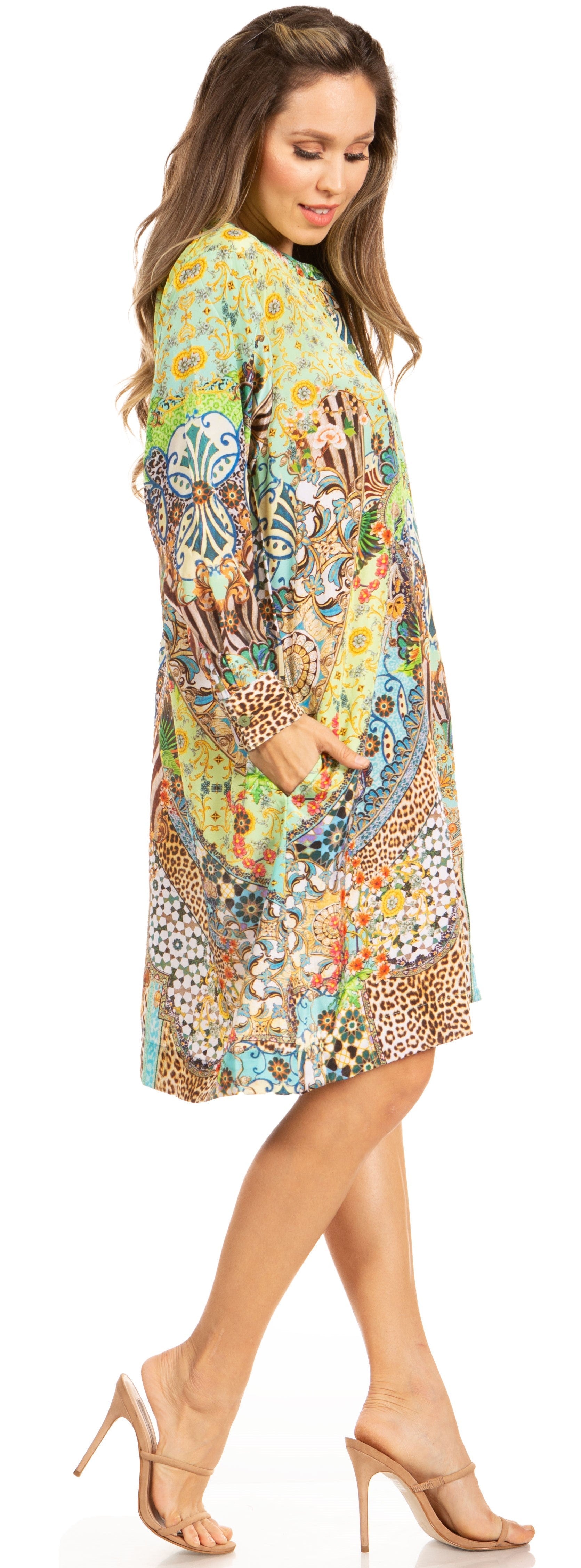 Floral Print Women's Long Sleeve Tunic Dress with Pockets - Sakkas Eloisa - Concordia Style Boutique