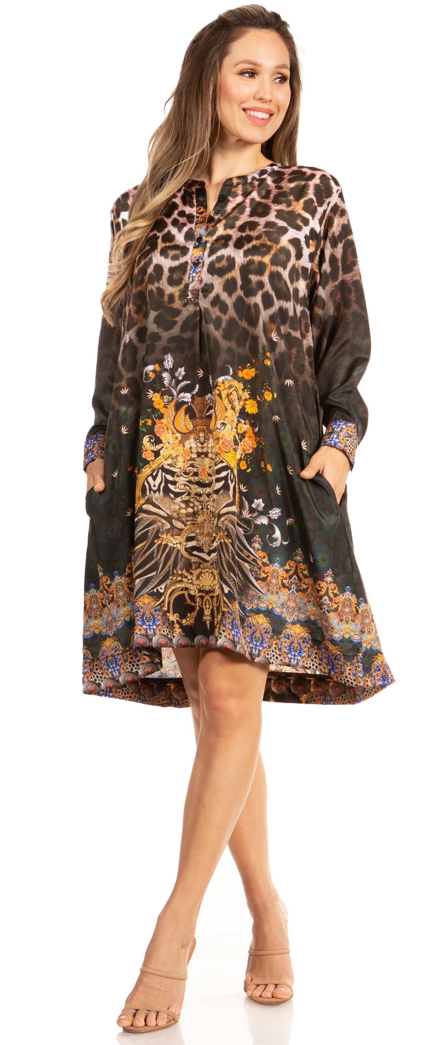 Floral Print Women's Long Sleeve Tunic Dress with Pockets - Sakkas Eloisa - Concordia Style Boutique