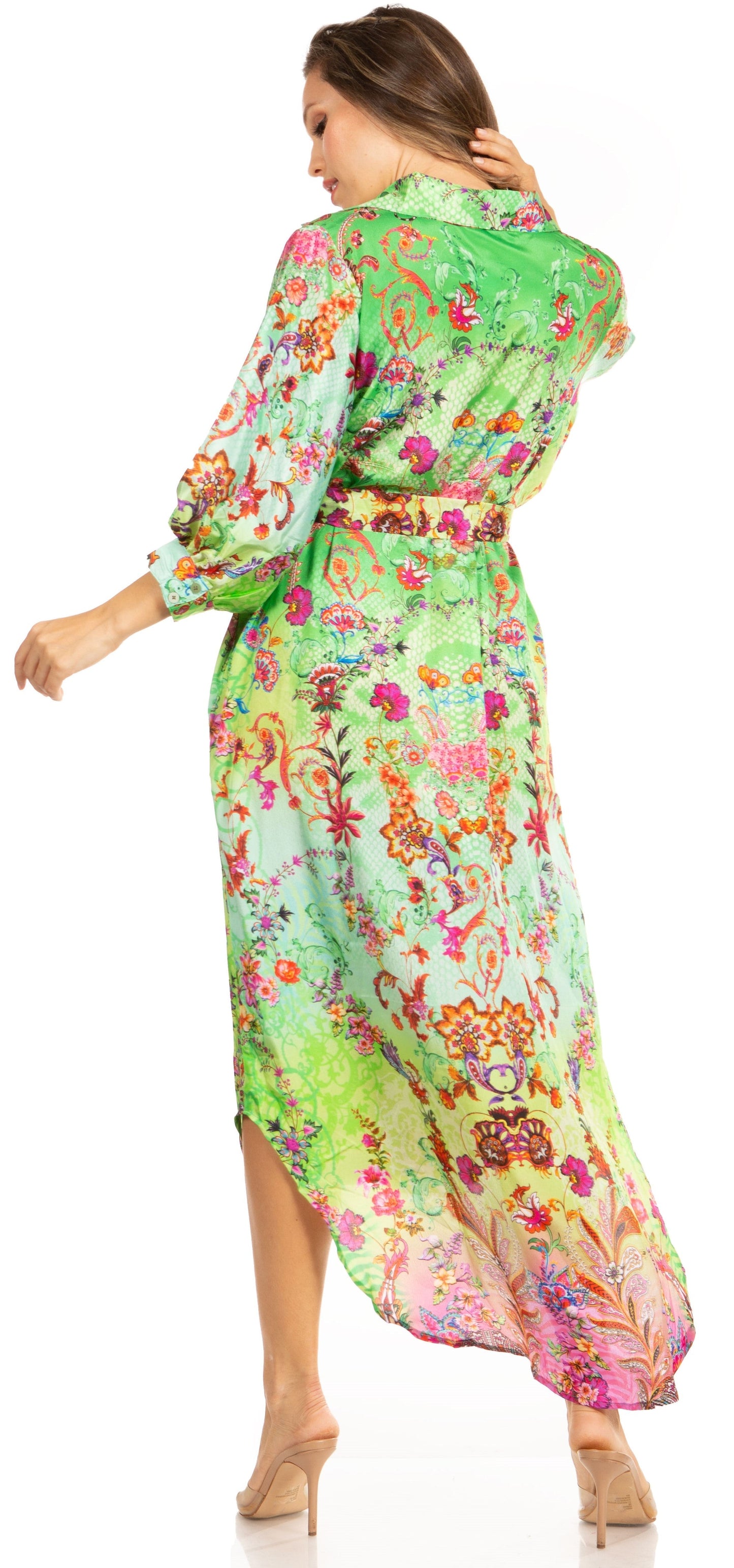 Sakkas Rina Women's Floral Print Maxi Dress with Long Sleeves and Flounce Shirt Design - Concordia Style Boutique