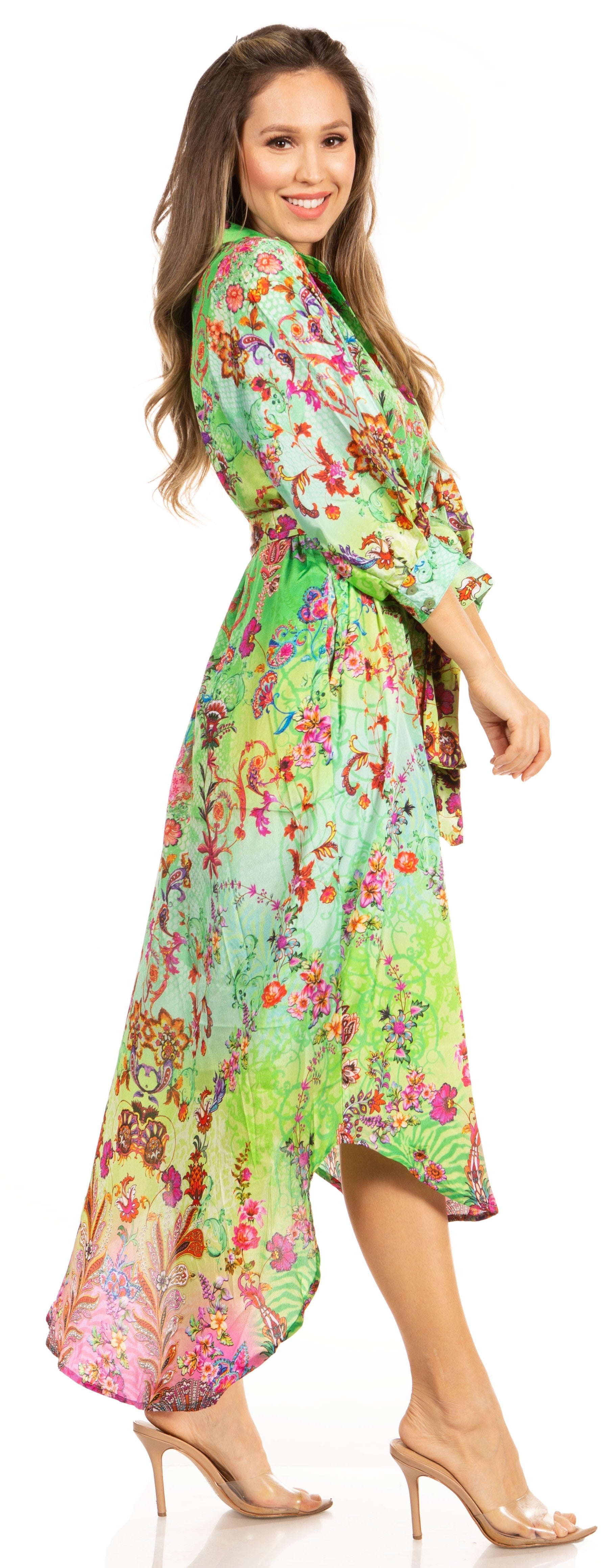 Sakkas Rina Women's Floral Print Maxi Dress with Long Sleeves and Flounce Shirt Design - Concordia Style Boutique