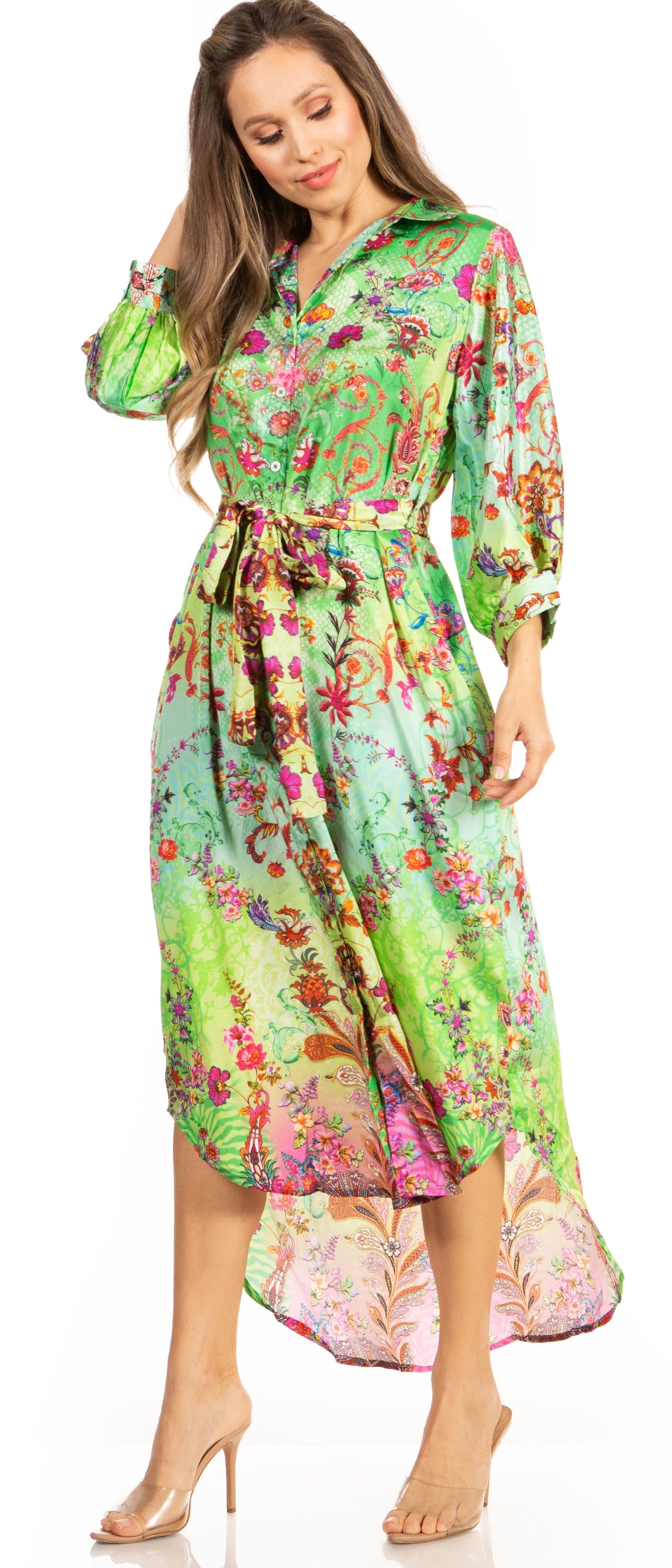 Sakkas Rina Women's Floral Print Maxi Dress with Long Sleeves and Flounce Shirt Design - Concordia Style Boutique