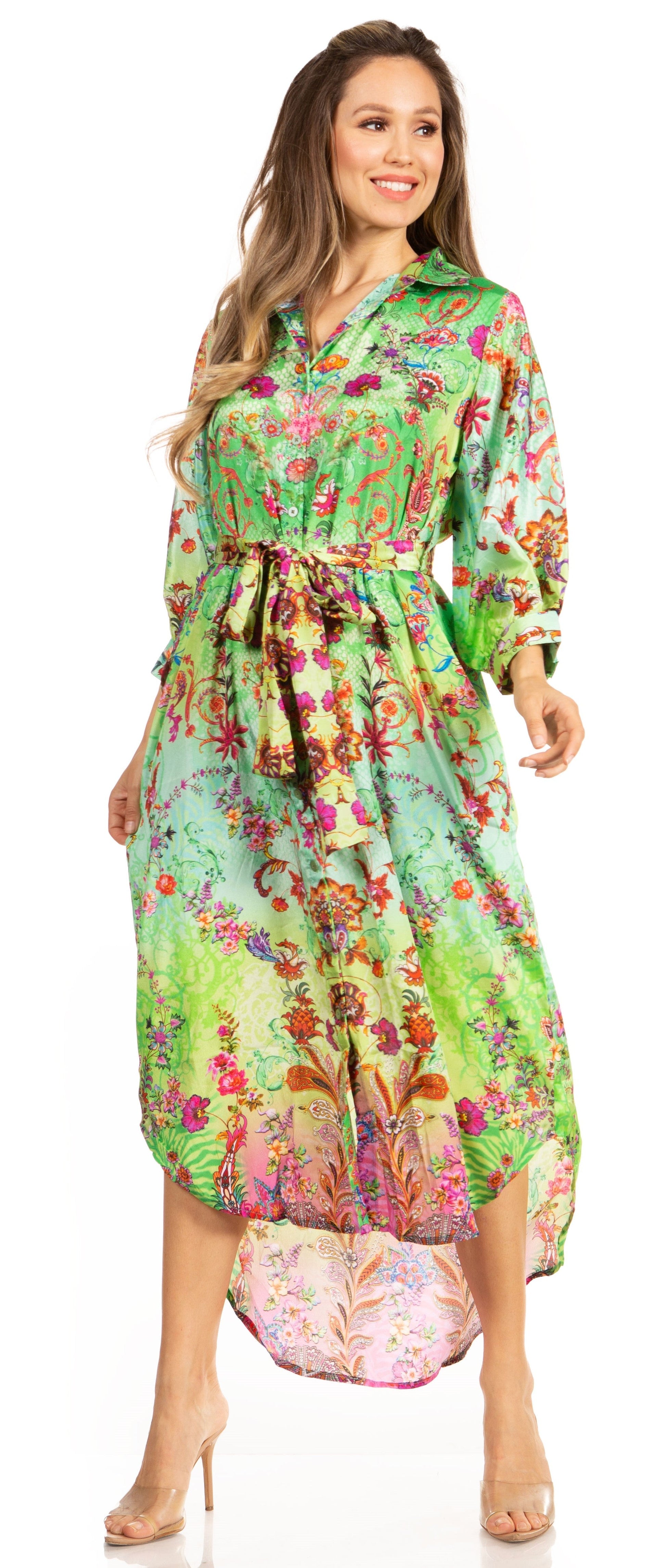 Sakkas Rina Women's Floral Print Maxi Dress with Long Sleeves and Flounce Shirt Design - Concordia Style Boutique