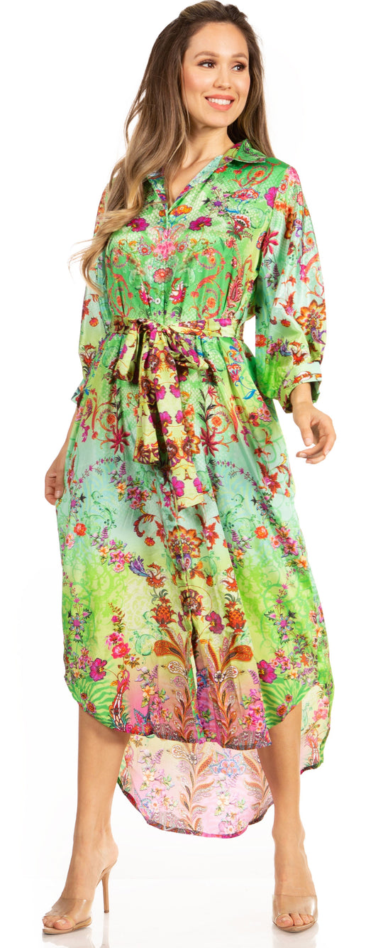 Sakkas Rina Women's Floral Print Maxi Dress with Long Sleeves and Flounce Shirt Design - Concordia Style Boutique