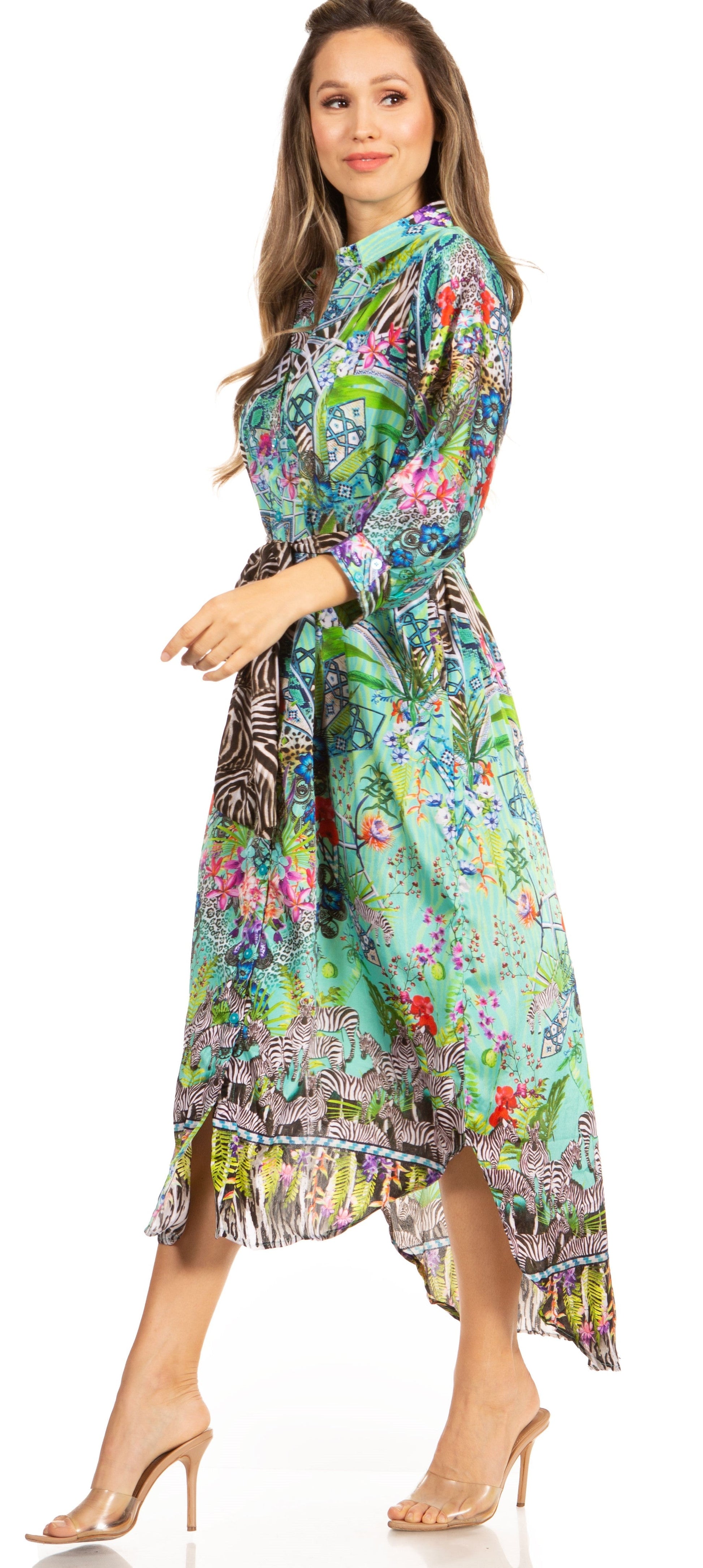 Sakkas Rina Women's Floral Print Maxi Dress with Long Sleeves and Flounce Shirt Design - Concordia Style Boutique