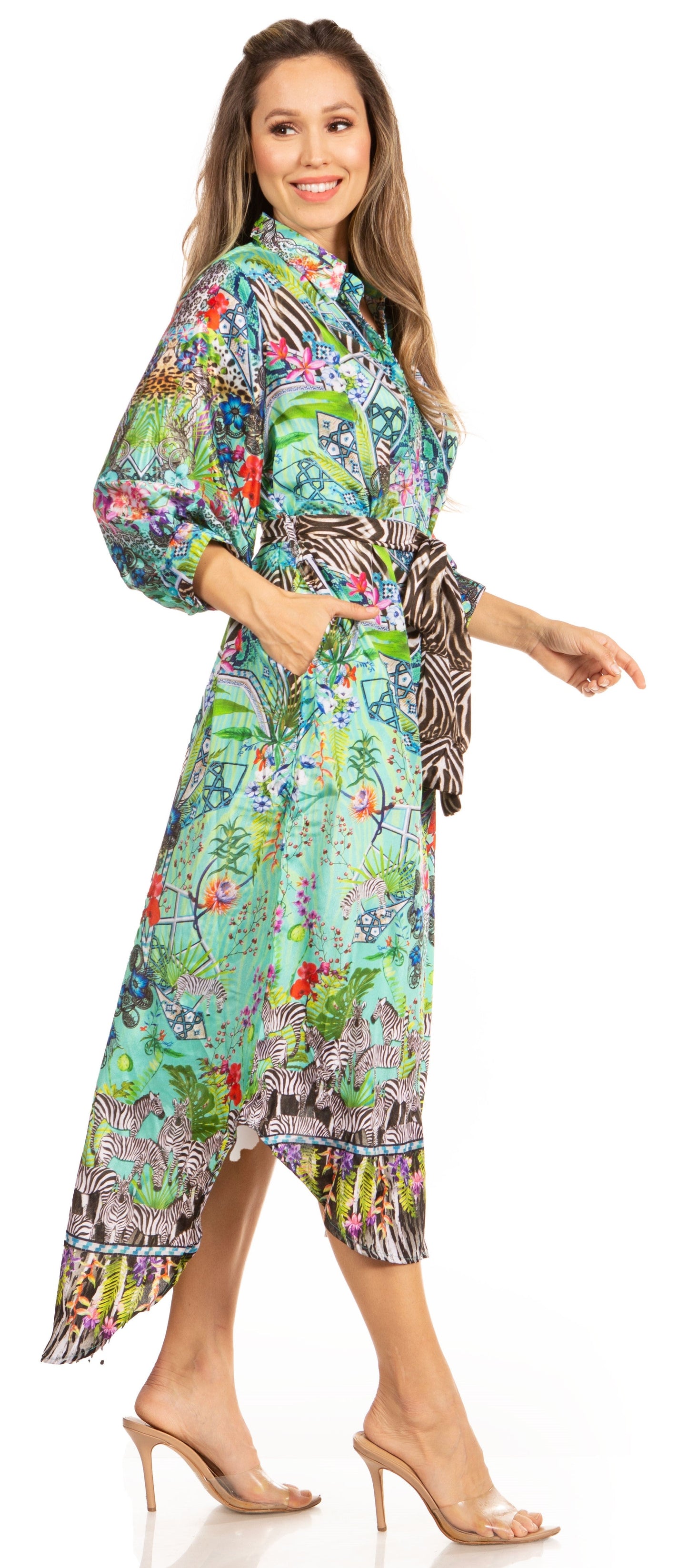 Sakkas Rina Women's Floral Print Maxi Dress with Long Sleeves and Flounce Shirt Design - Concordia Style Boutique