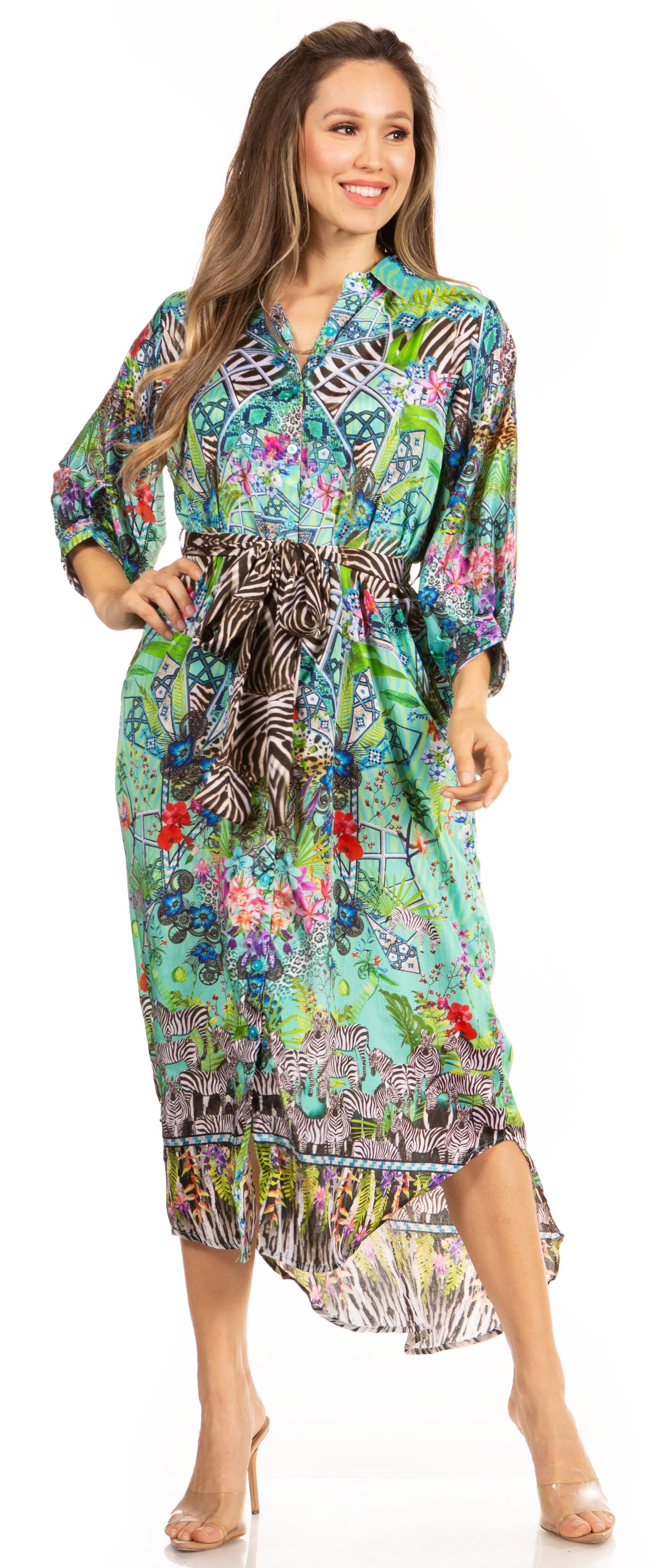 Sakkas Rina Women's Floral Print Maxi Dress with Long Sleeves and Flounce Shirt Design - Concordia Style Boutique