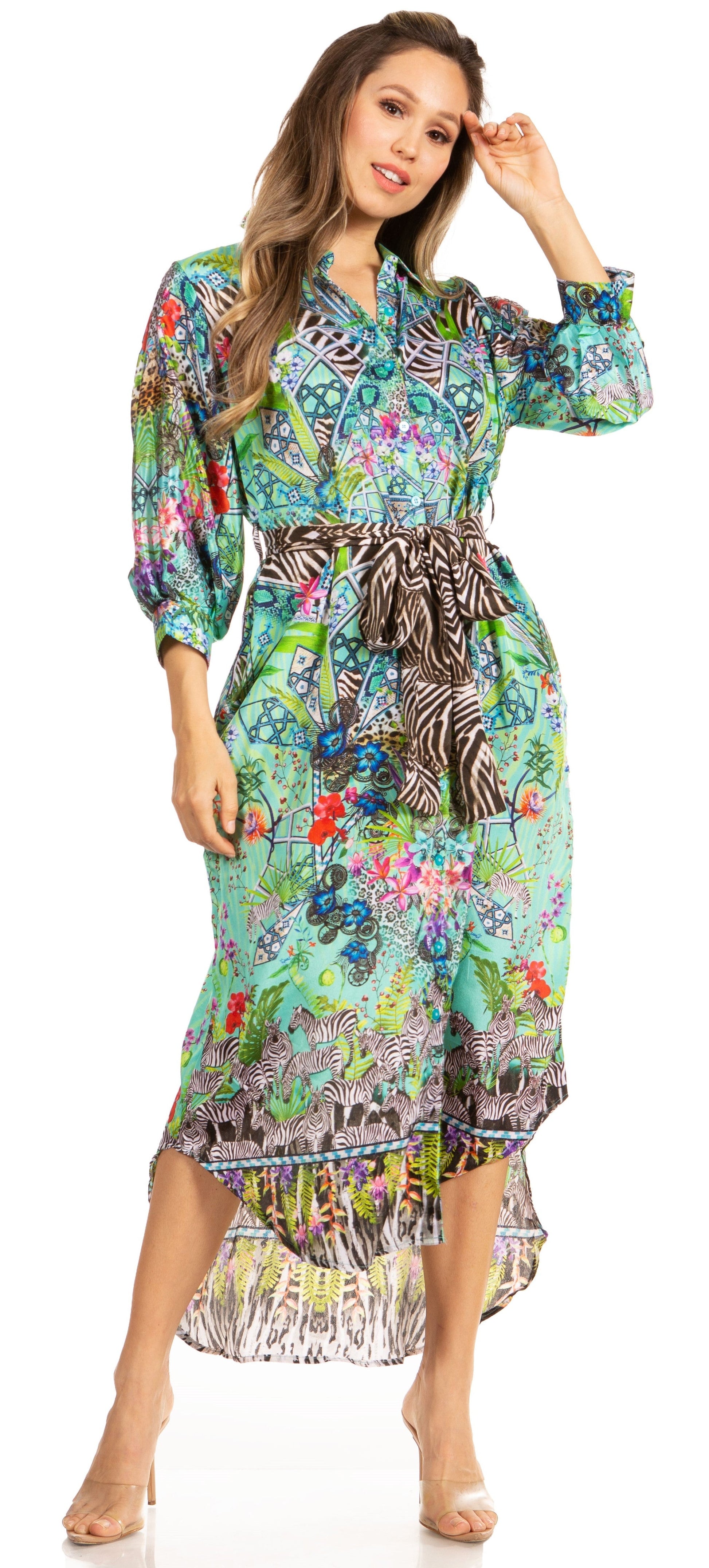 Sakkas Rina Women's Floral Print Maxi Dress with Long Sleeves and Flounce Shirt Design - Concordia Style Boutique