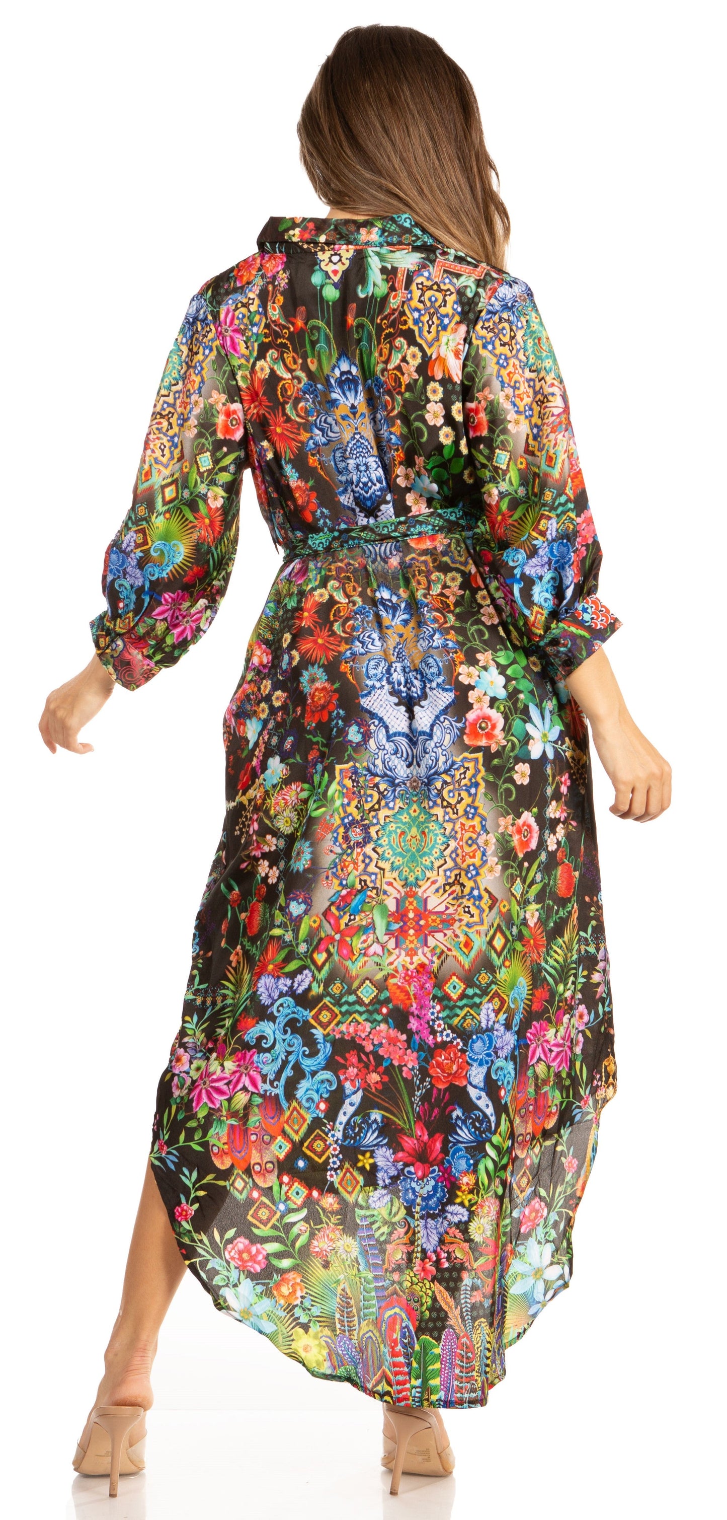 Sakkas Rina Women's Floral Print Maxi Dress with Long Sleeves and Flounce Shirt Design - Concordia Style Boutique