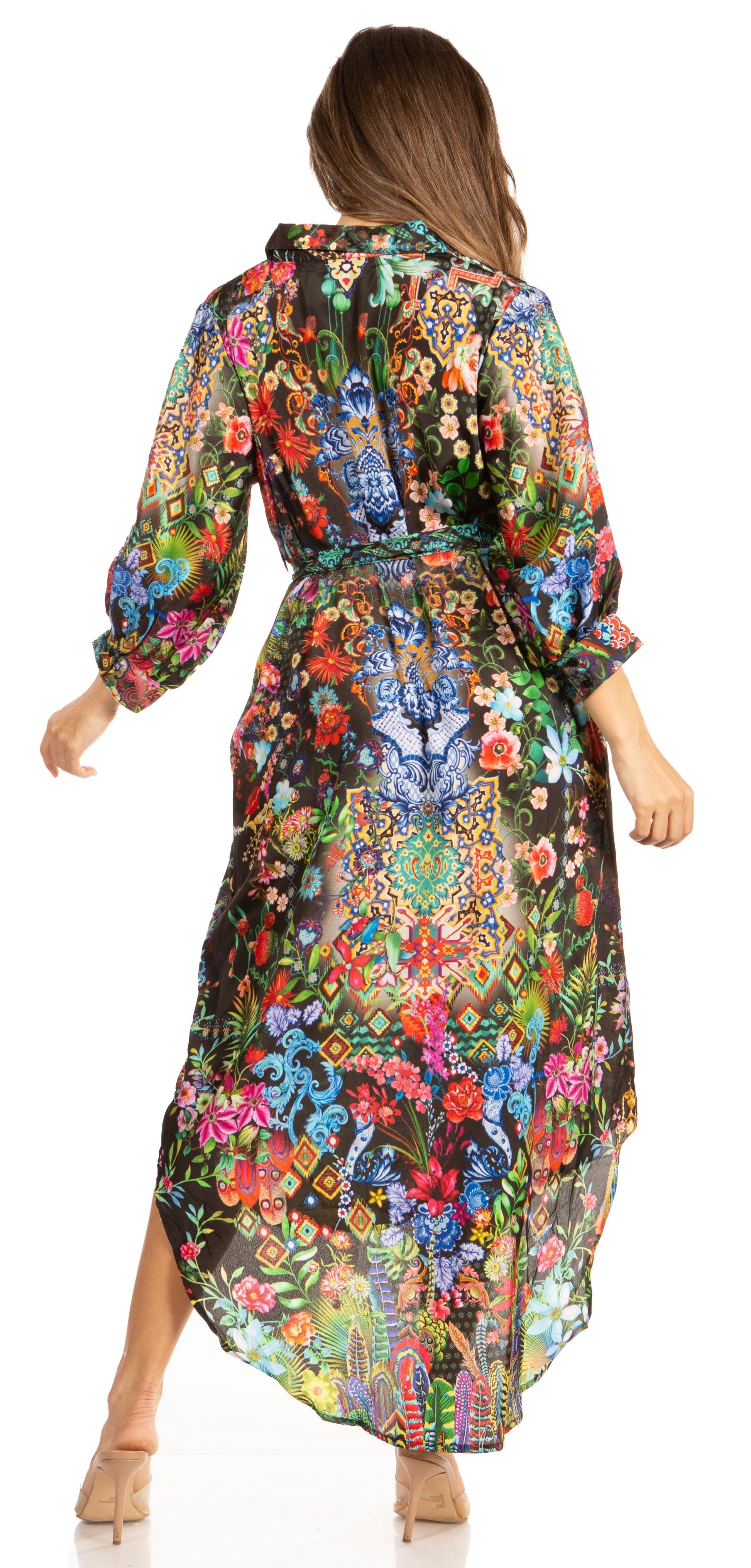 Sakkas Rina Women's Floral Print Maxi Dress with Long Sleeves and Flounce Shirt Design - Concordia Style Boutique